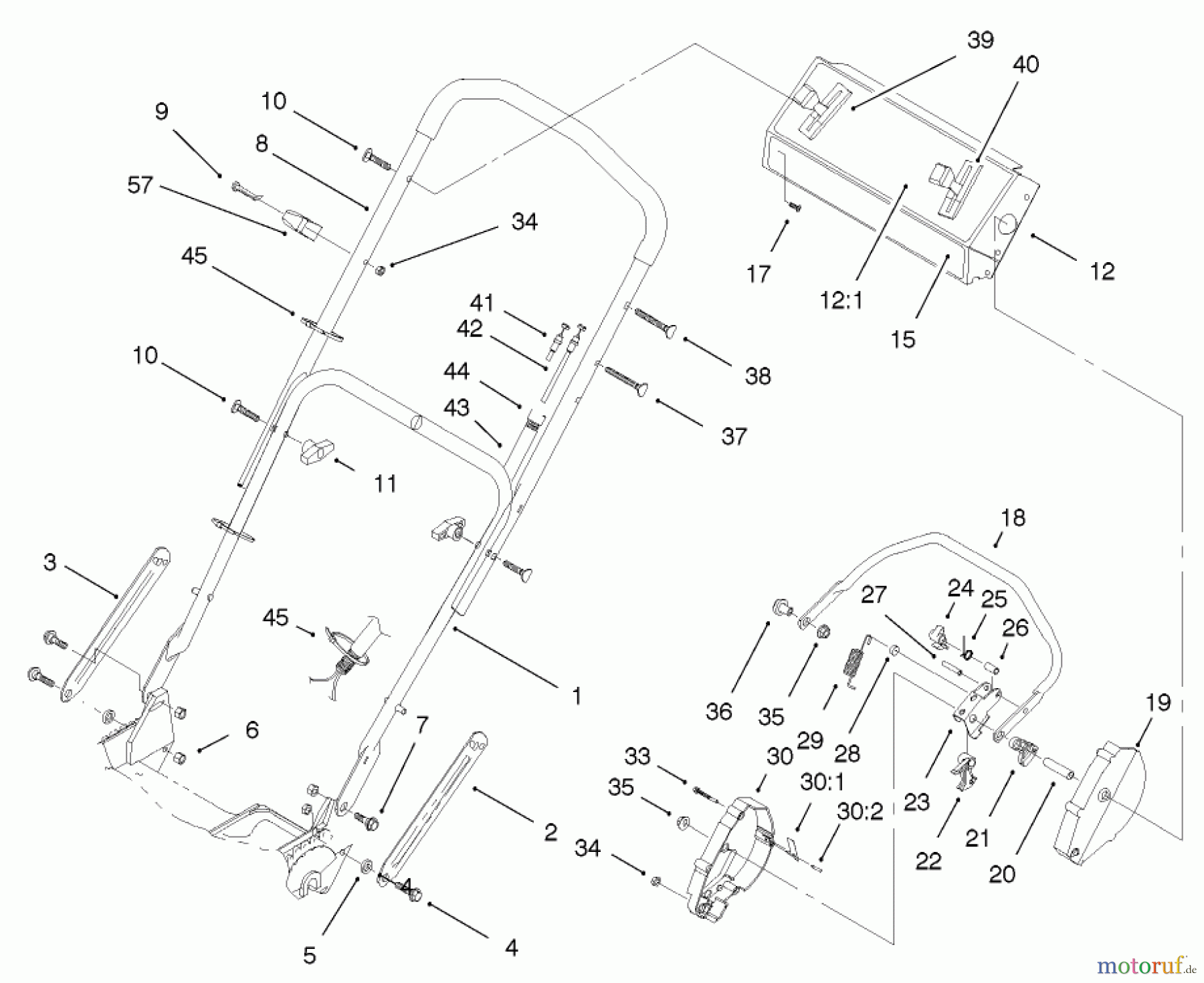  Toro Neu Mowers, Walk-Behind Seite 1 20487 (SR-21OSBB) - Toro Super Recycler Mower, SR-21OSBB, 1999 (9900001-9999999) HANDLE ASSEMBLY