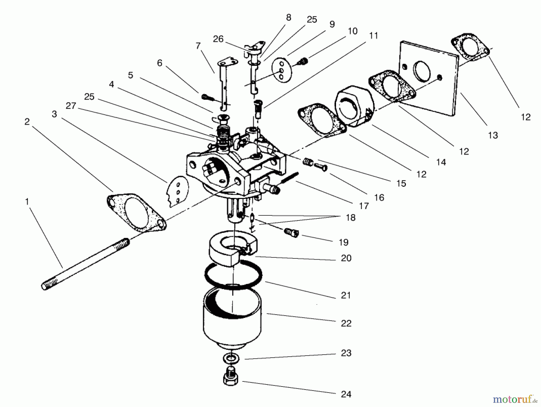  Toro Neu Mowers, Walk-Behind Seite 2 22038 - Toro Rear Bagger Mower, 1998 (8900001-8999999) CARBURETOR ASSEMBLY (MODEL NO. 47PT7-3)