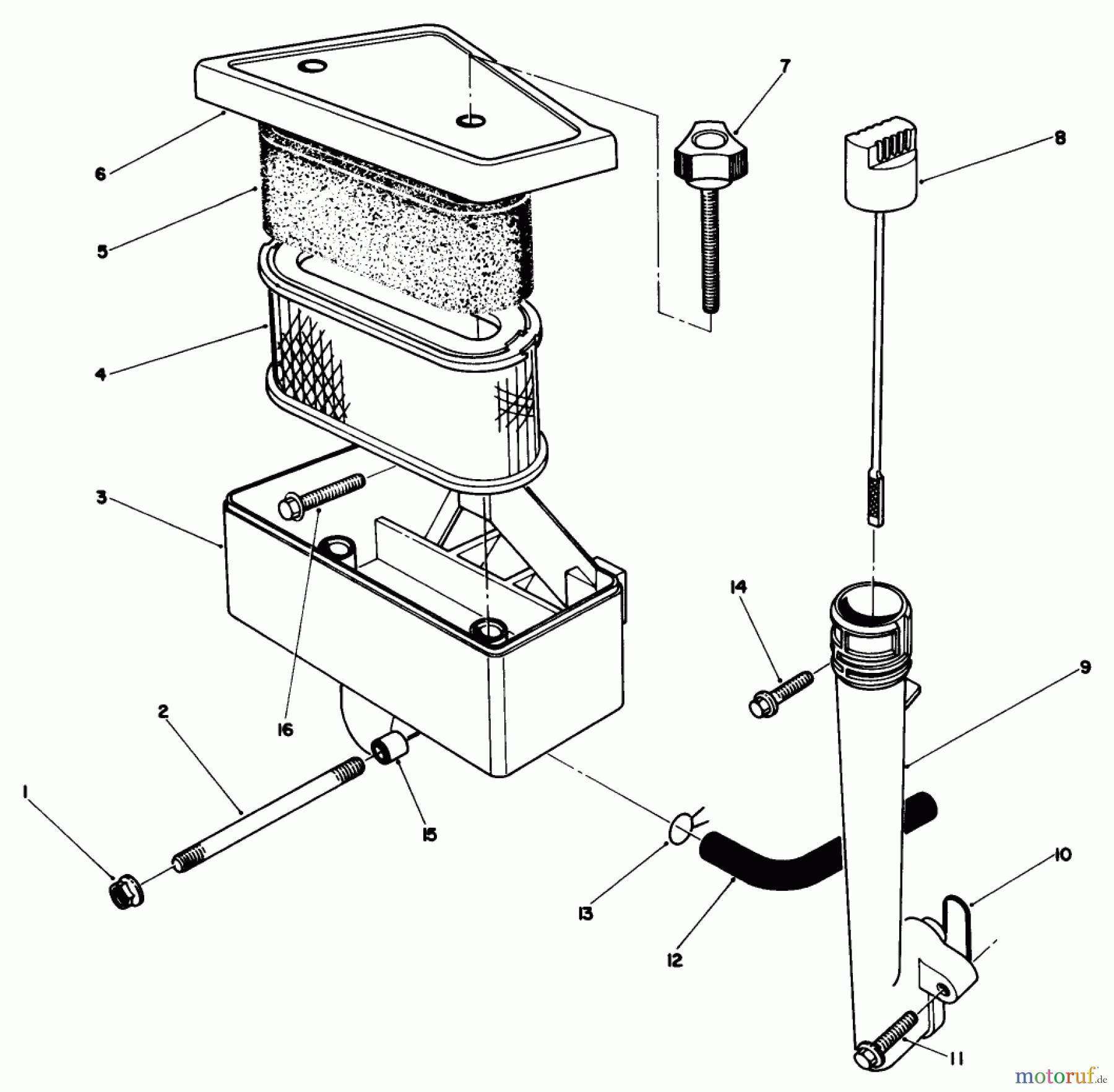  Toro Neu Mowers, Walk-Behind Seite 2 22510 - Toro Lawnmower, 1988 (8000001-8999999) AIR CLEANER & OIL FILL TUBE ASSEMBLY MODEL NO. VMH7