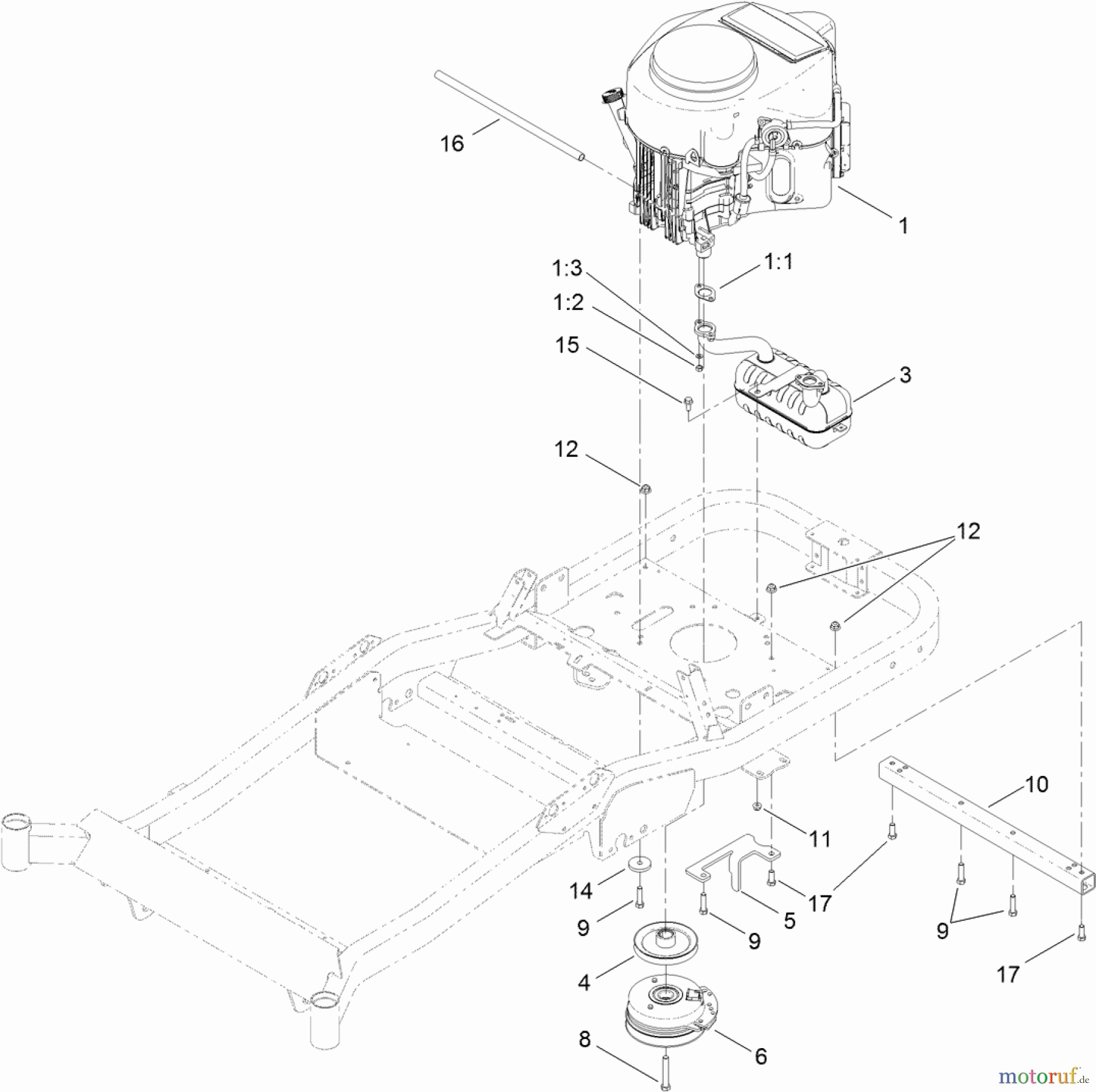  Toro Neu Mowers, Zero-Turn 74924 (ZX5420) - Toro TITAN ZX5420 Zero-Turn-Radius Riding Mower, 2012 (SN 312000001-312999999) ENGINE, MUFFLER AND CLUTCH ASSEMBLY