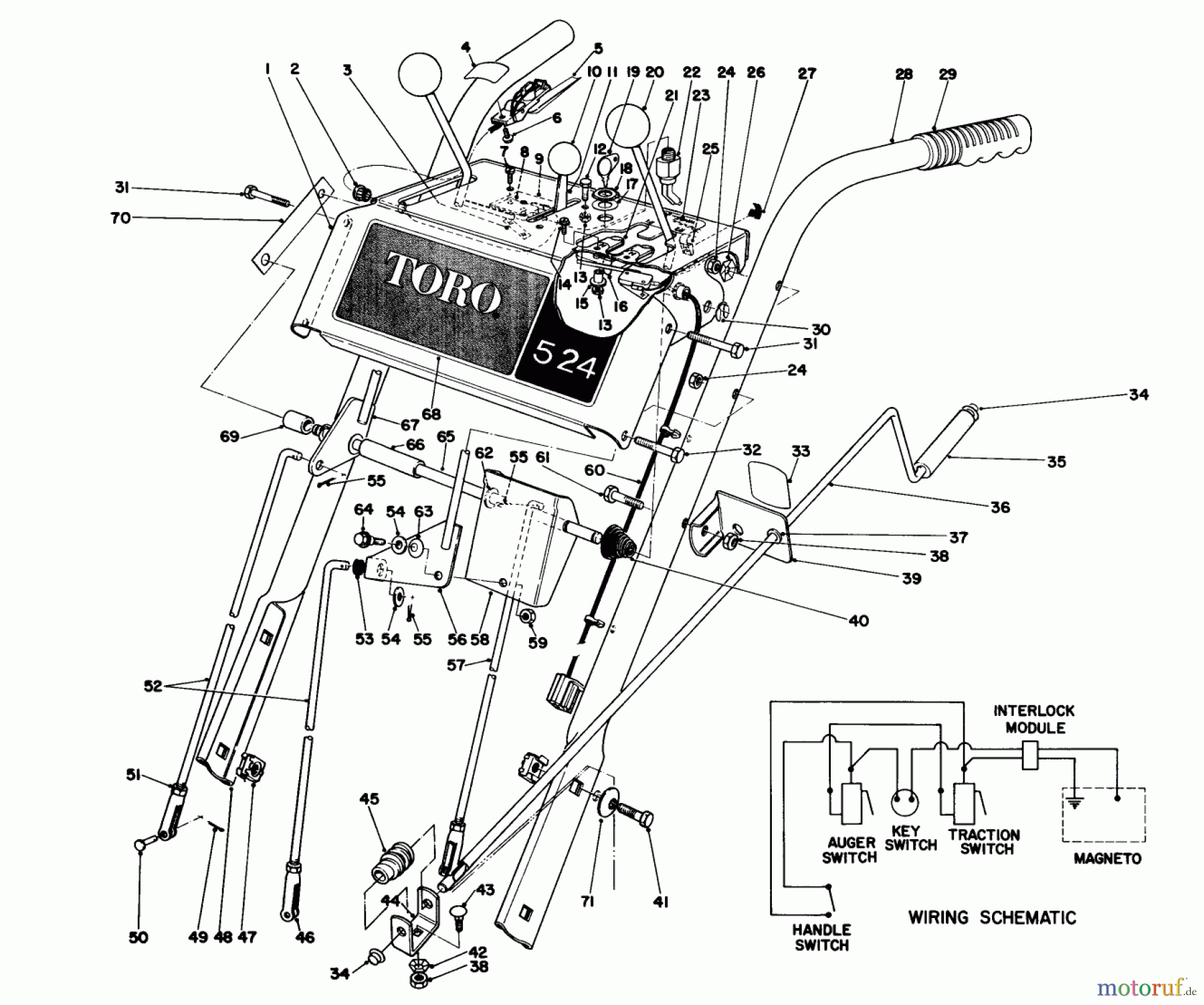  Toro Neu Snow Blowers/Snow Throwers Seite 1 38040 (524) - Toro 524 Snowthrower, 1986 (6000001-6999999) HANDLE ASSEMBLY