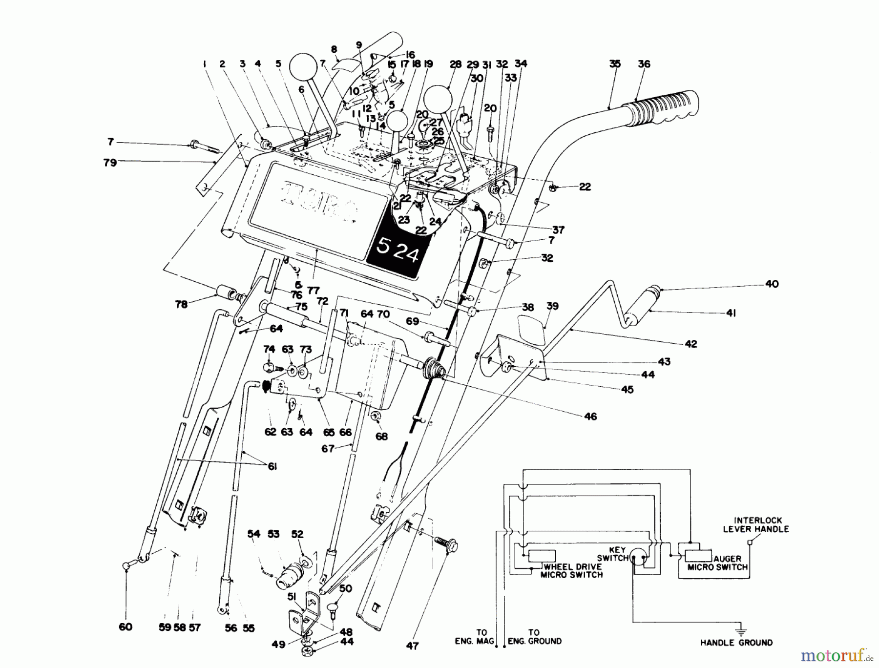  Toro Neu Snow Blowers/Snow Throwers Seite 1 38045 (524) - Toro 524 Snowthrower, 1981 (1000001-1999999) HANDLE ASSEMBLY