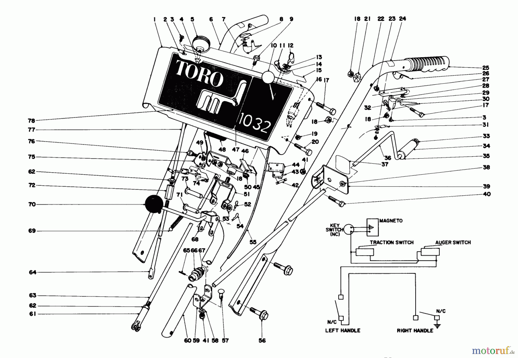  Toro Neu Snow Blowers/Snow Throwers Seite 1 38070 (1032) - Toro 1032 Snowthrower, 1978 (8000001-8999999) HANDLE ASSEMBLY