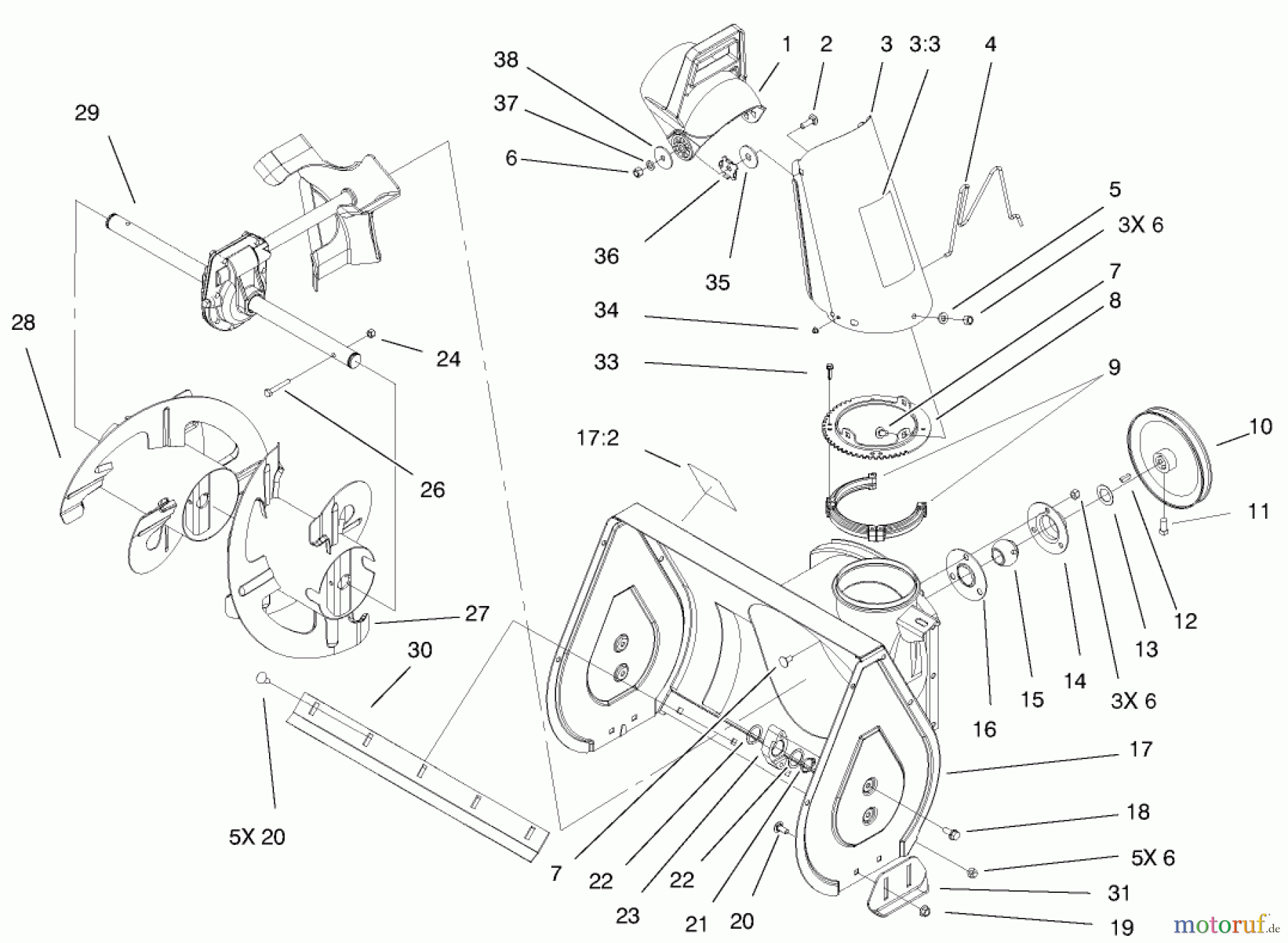  Toro Neu Snow Blowers/Snow Throwers Seite 1 38063 (622) - Toro 622 Snowthrower, 2001 (210000001-210999999) CHUTE AND AUGER ASSEMBLY