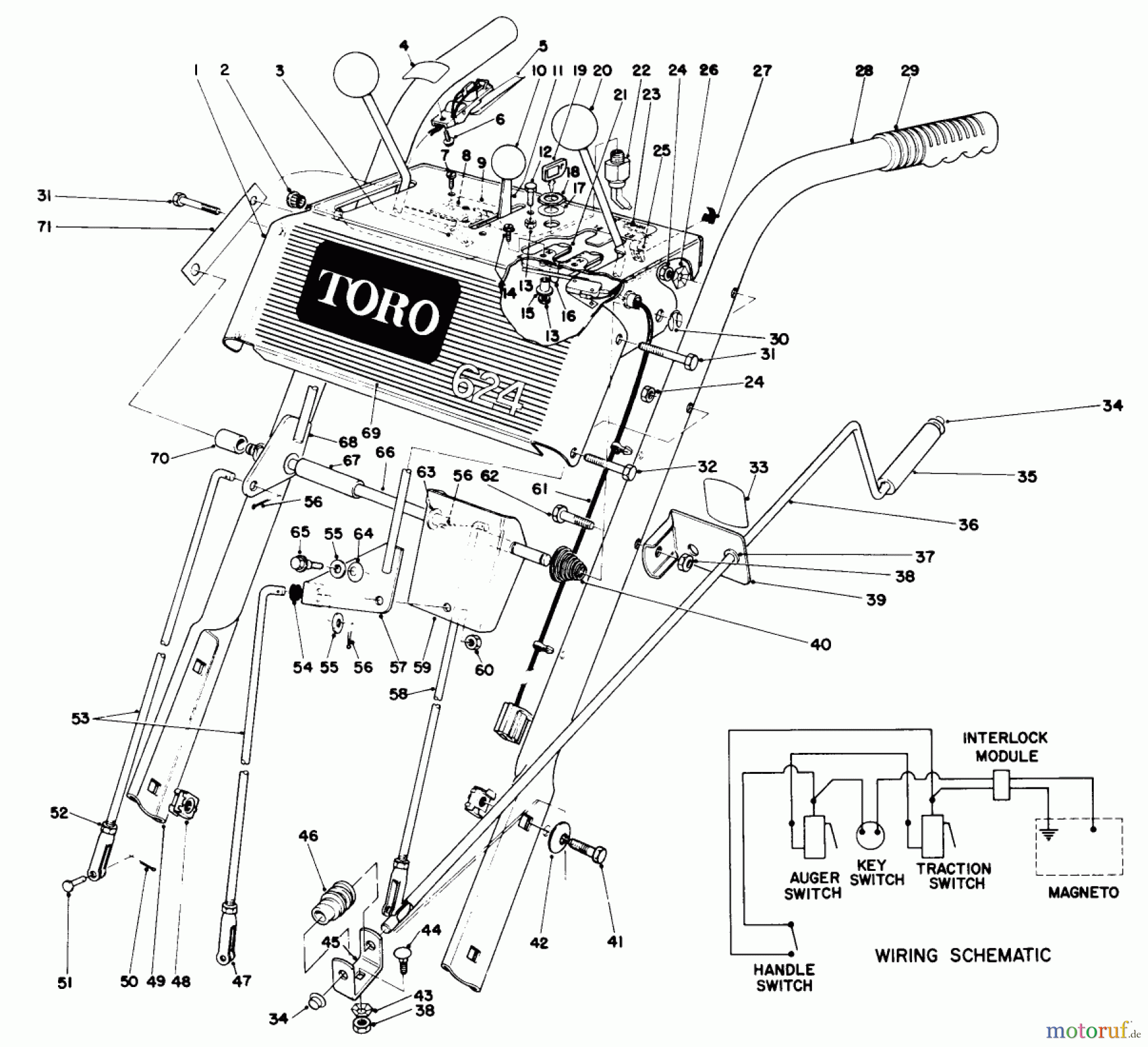  Toro Neu Snow Blowers/Snow Throwers Seite 1 38065 (624) - Toro 624 Snowthrower, 1989 (9000001-9999999) HANDLE ASSEMBLY