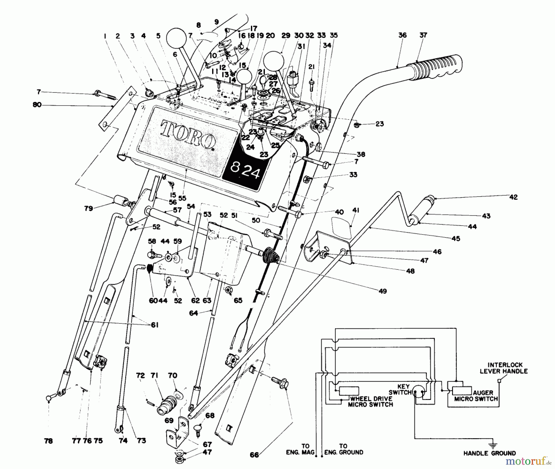  Toro Neu Snow Blowers/Snow Throwers Seite 1 38080 (824) - Toro 824 Snowthrower, 1979 (9000001-9999999) HANDLE ASSEMBLY