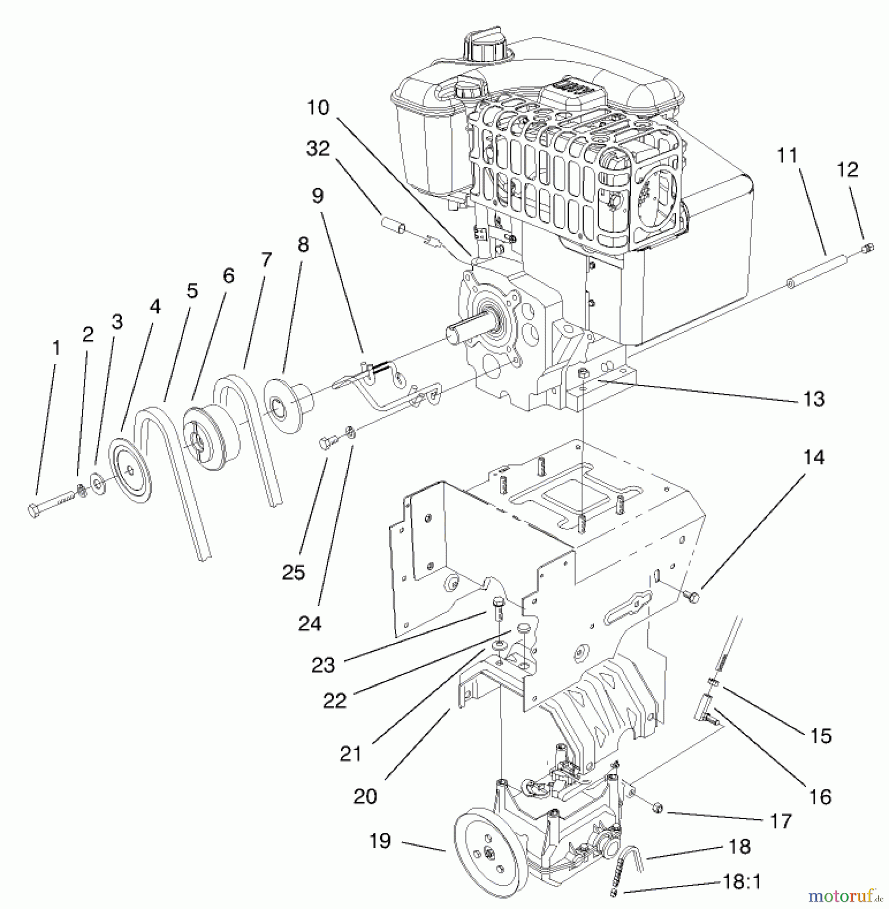  Toro Neu Snow Blowers/Snow Throwers Seite 1 38087 (1332) - Toro 1332 Power Shift Snowthrower, 2000 (200000001-200999999) ENGINE AND TRANSMISSION ASSEMBLY