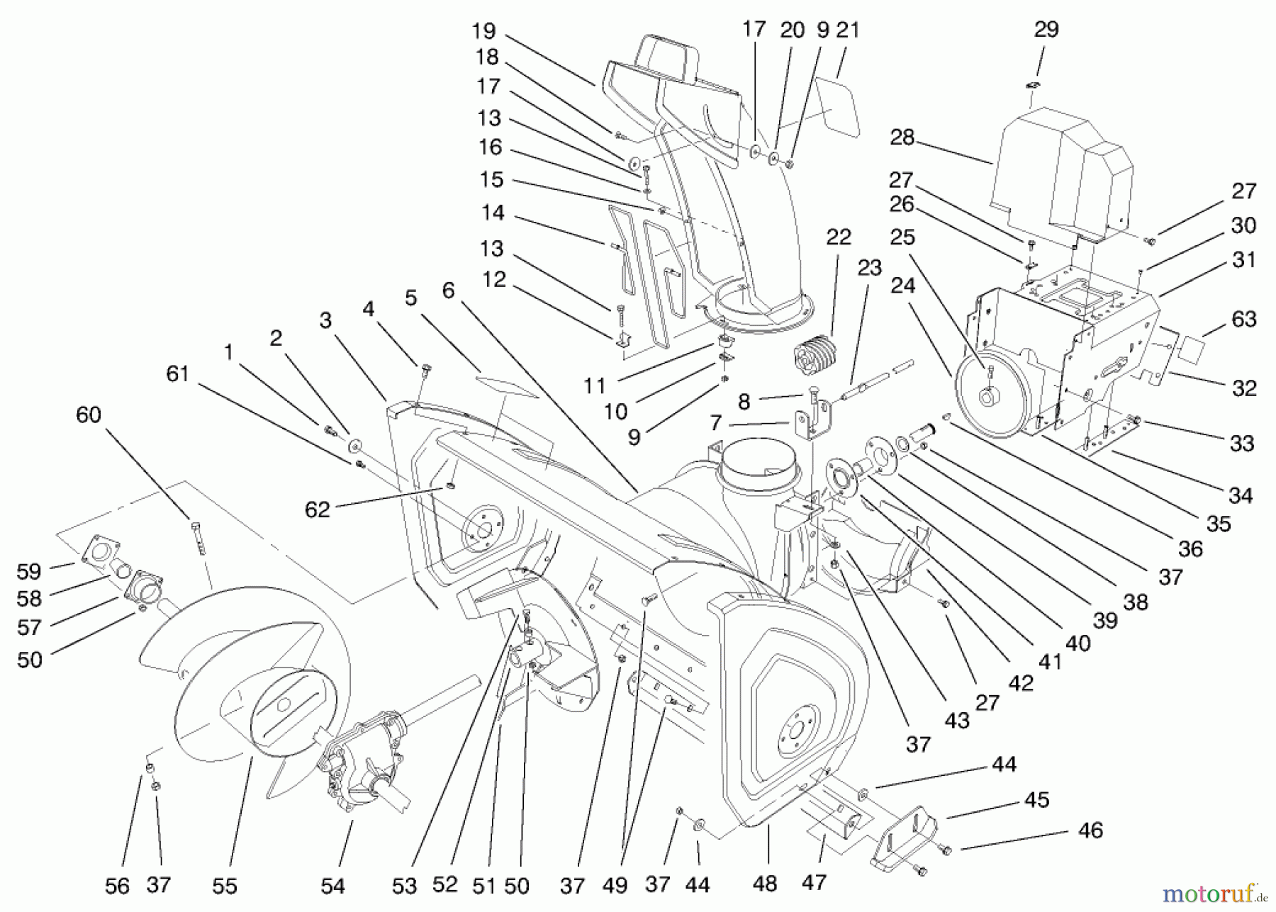  Toro Neu Snow Blowers/Snow Throwers Seite 1 38087 (1332) - Toro 1332 Power Shift Snowthrower, 2000 (200000001-200999999) HOUSING AND ENGINE FRAME ASSEMBLY