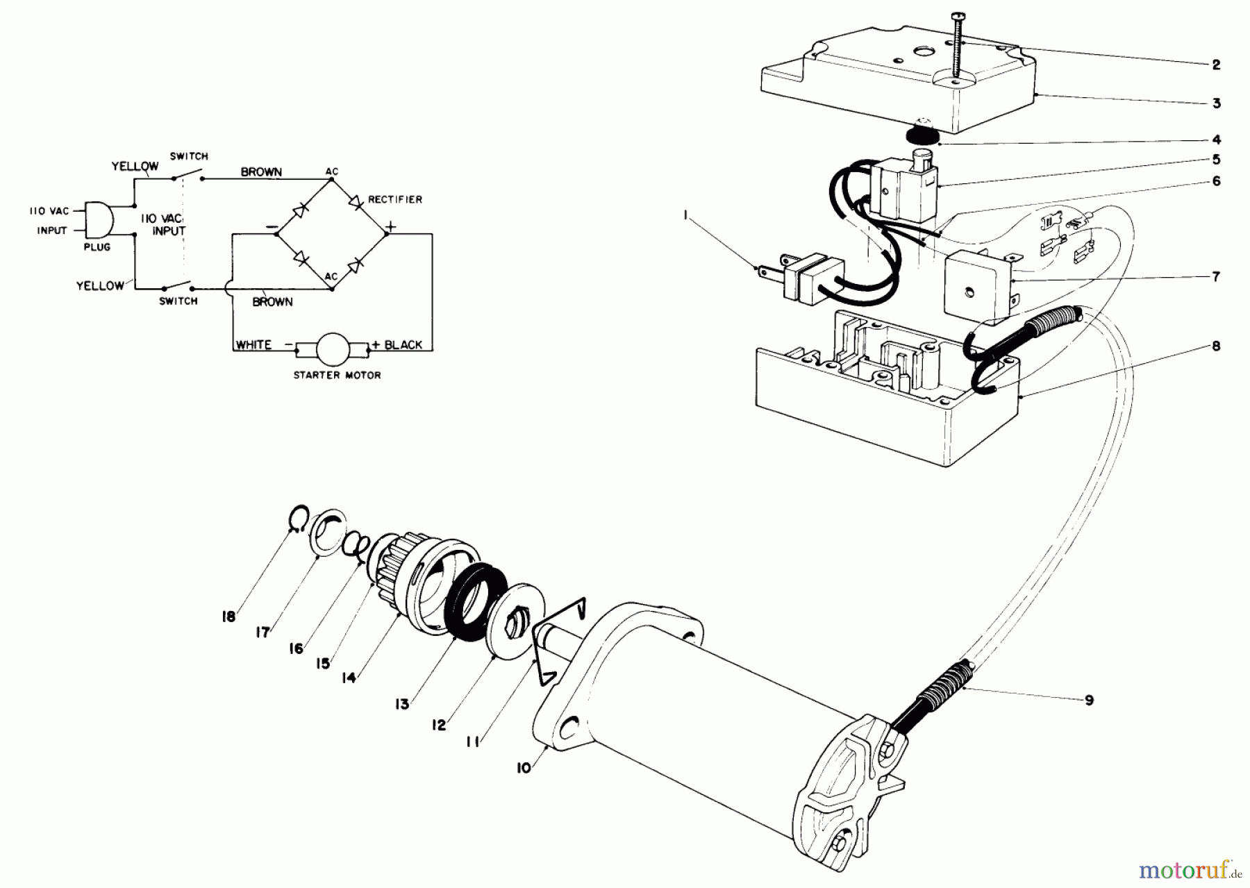  Toro Neu Snow Blowers/Snow Throwers Seite 1 38120 (S-200) - Toro S-200 Snowthrower, 1979 (9000001-9999999) STARTER MOTOR & SWITCH ASSEMBLY (MODEL 38130)