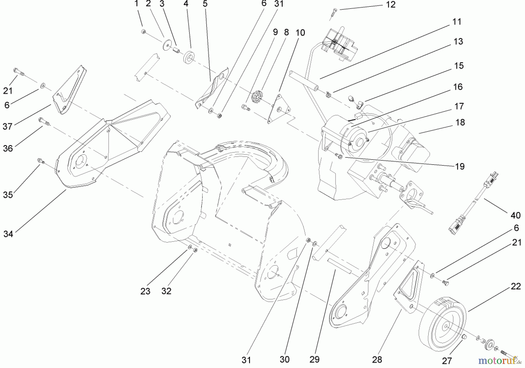  Toro Neu Snow Blowers/Snow Throwers Seite 1 38182 - Toro Powerlite Snowthrower, 2005 (250010001-250999999) ENGINE, SIDE PLATE AND WHEEL ASSEMBLY