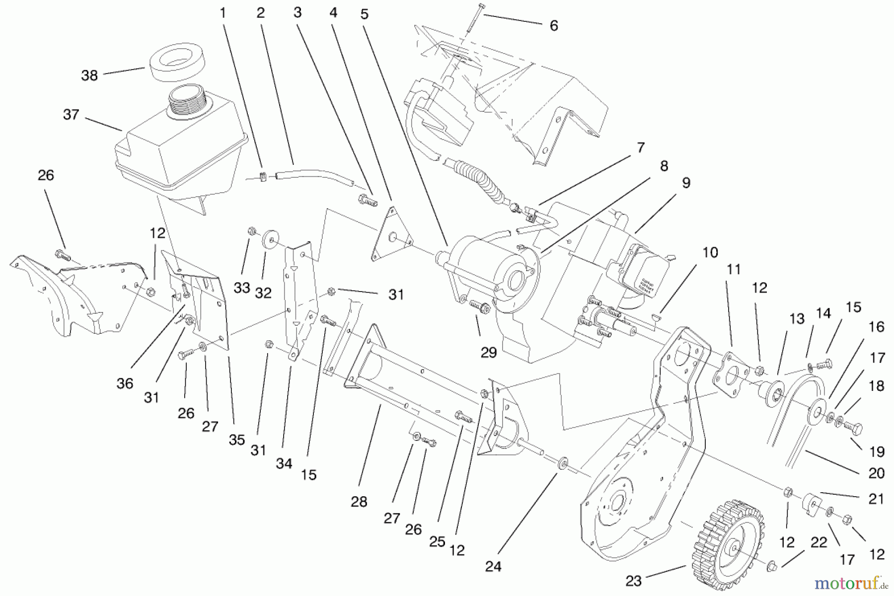  Toro Neu Snow Blowers/Snow Throwers Seite 1 38400 (1000) - Toro CCR 1000 Snowthrower, 1999 (99000001-99999999) ENGINE & GAS TANK ASSEMBLY