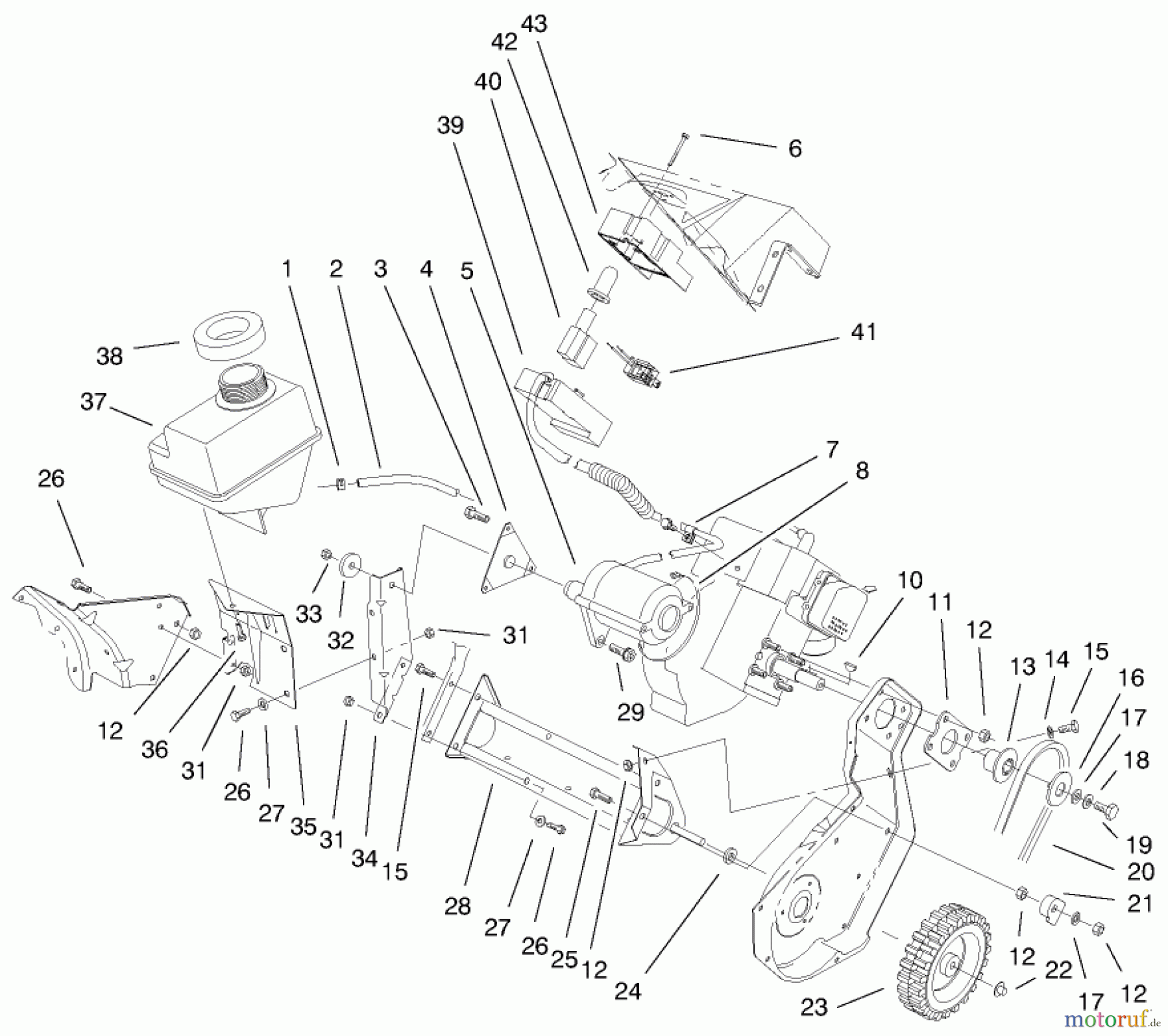  Toro Neu Snow Blowers/Snow Throwers Seite 1 38405 (1000) - Toro CCR 1000 Snowthrower, 2000 (200000001-200999999) ENGINE & GAS TANK ASSEMBLY