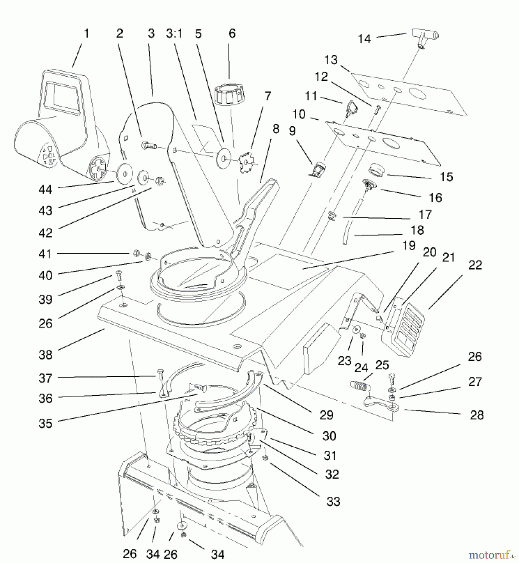  Toro Neu Snow Blowers/Snow Throwers Seite 1 38405 (1000) - Toro CCR 1000 Snowthrower, 2001 (210000001-210999999) DEFLECTOR & CONTROL PANEL ASSEMBLY