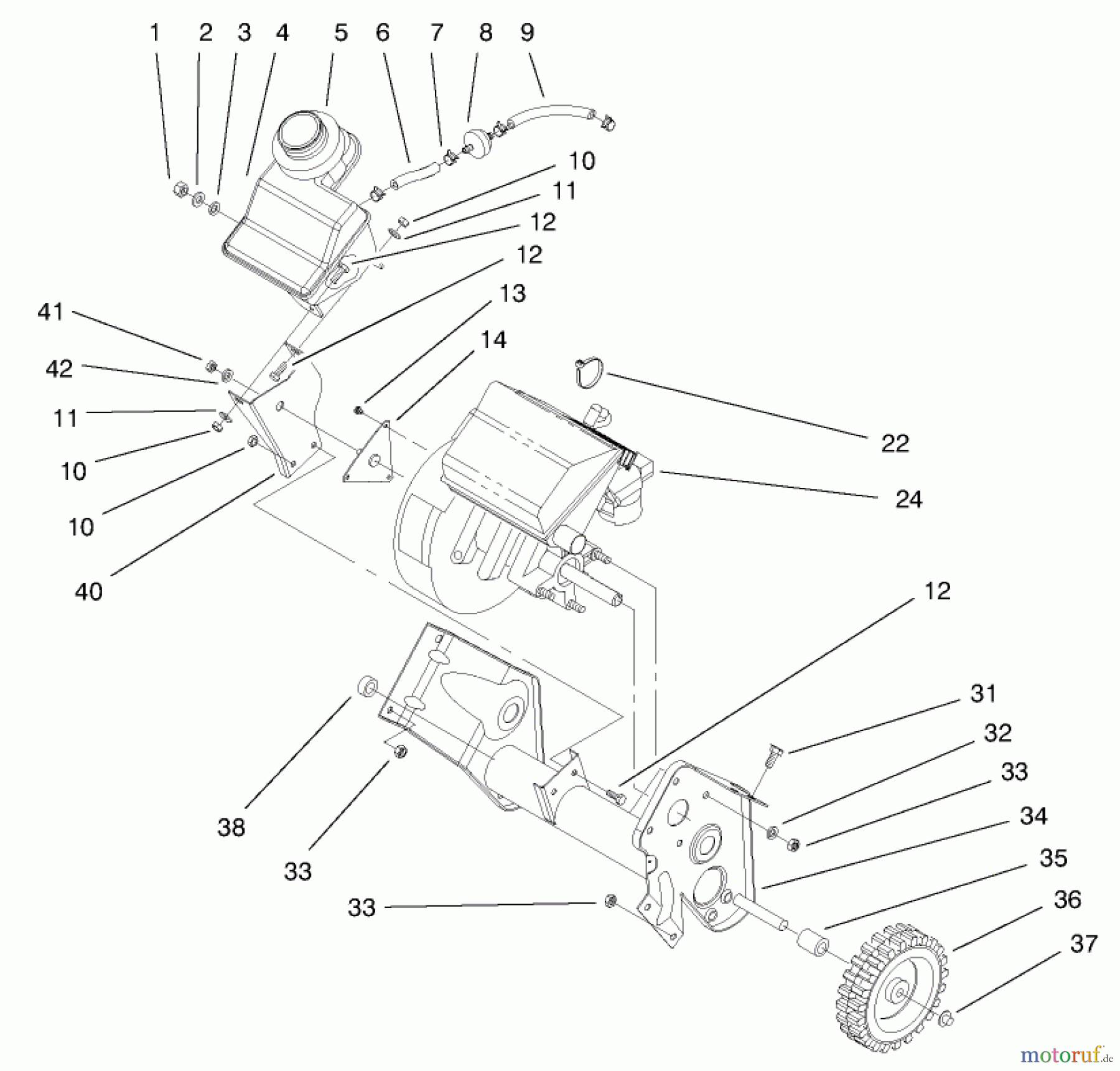  Toro Neu Snow Blowers/Snow Throwers Seite 1 38411 (2400) - Toro CCR 2400 Snowthrower, 1997 (7900001-7999999) ENGINE & FUEL TANK ASSEMBLY