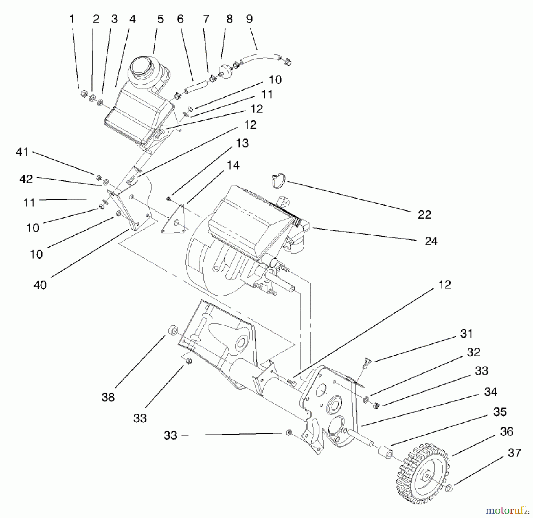  Toro Neu Snow Blowers/Snow Throwers Seite 1 38421 (2500) - Toro CCR 2500 Snowthrower, 1997 (7900001-7999999) ENGINE & FUEL TANK ASSEMBLY