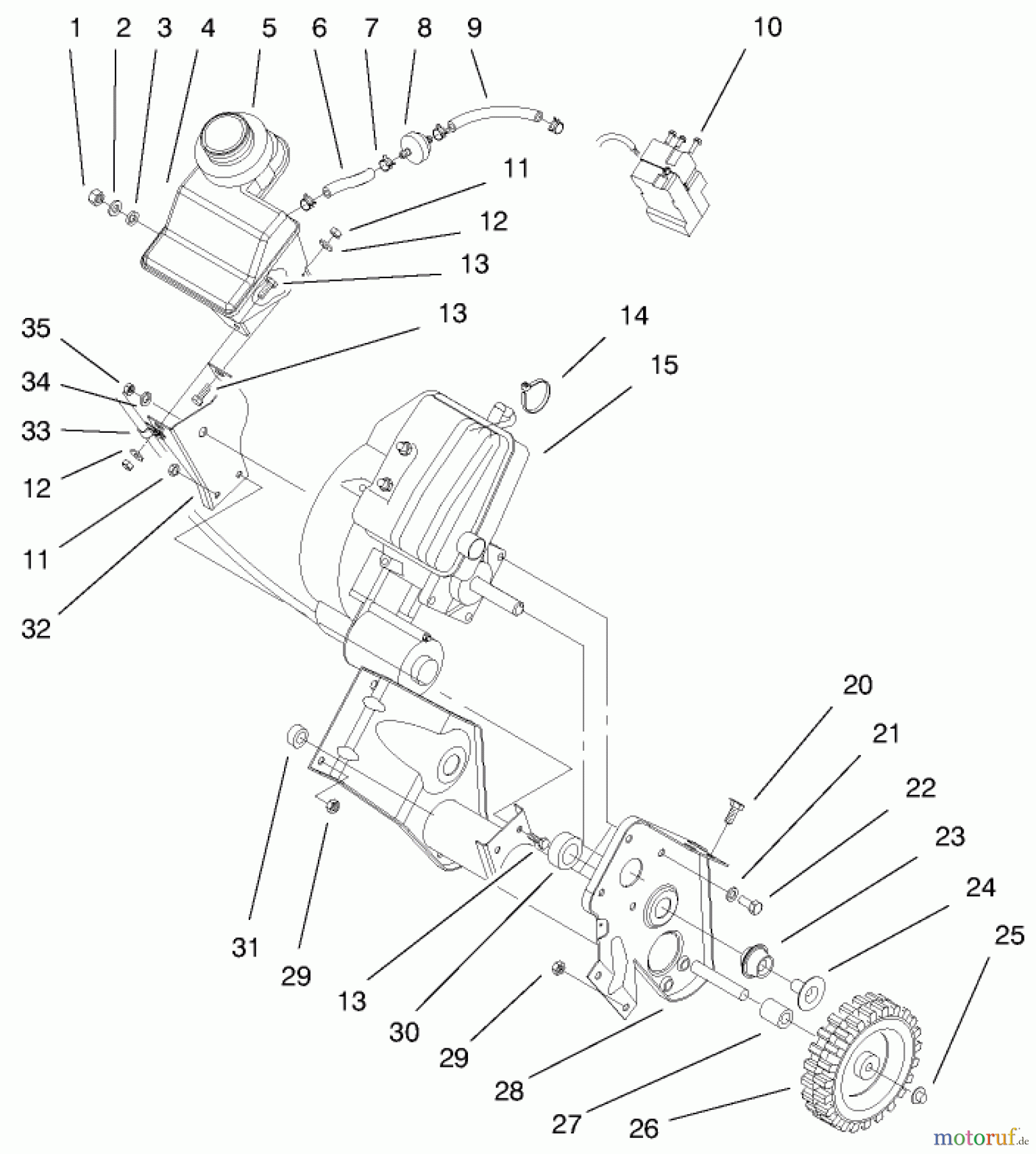  Toro Neu Snow Blowers/Snow Throwers Seite 1 38438 (3000) - Toro CCR 3000 Snowthrower, 1999 (9900001-9999999) ENGINE AND GAS TANK ASSEMBLY