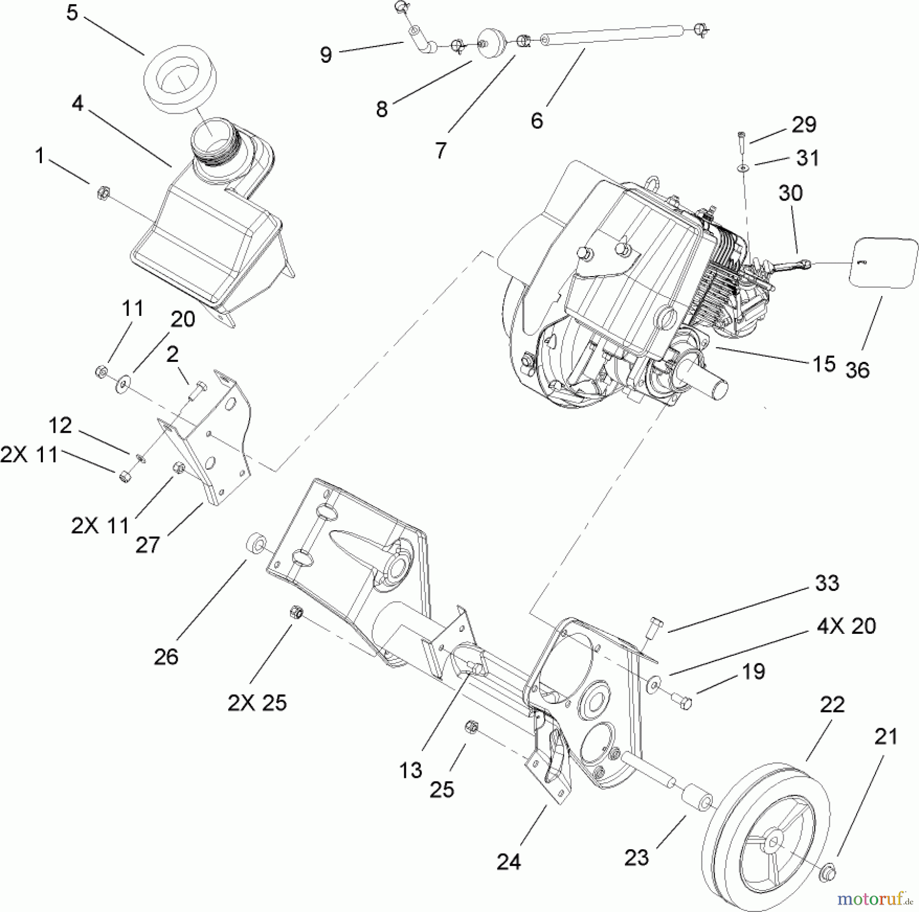  Toro Neu Snow Blowers/Snow Throwers Seite 1 38517 (3650) - Toro CCR 3650 GTS Snowthrower, 2007 (270000001-270010000) ENGINE, GAS TANK AND FRAME ASSEMBLY