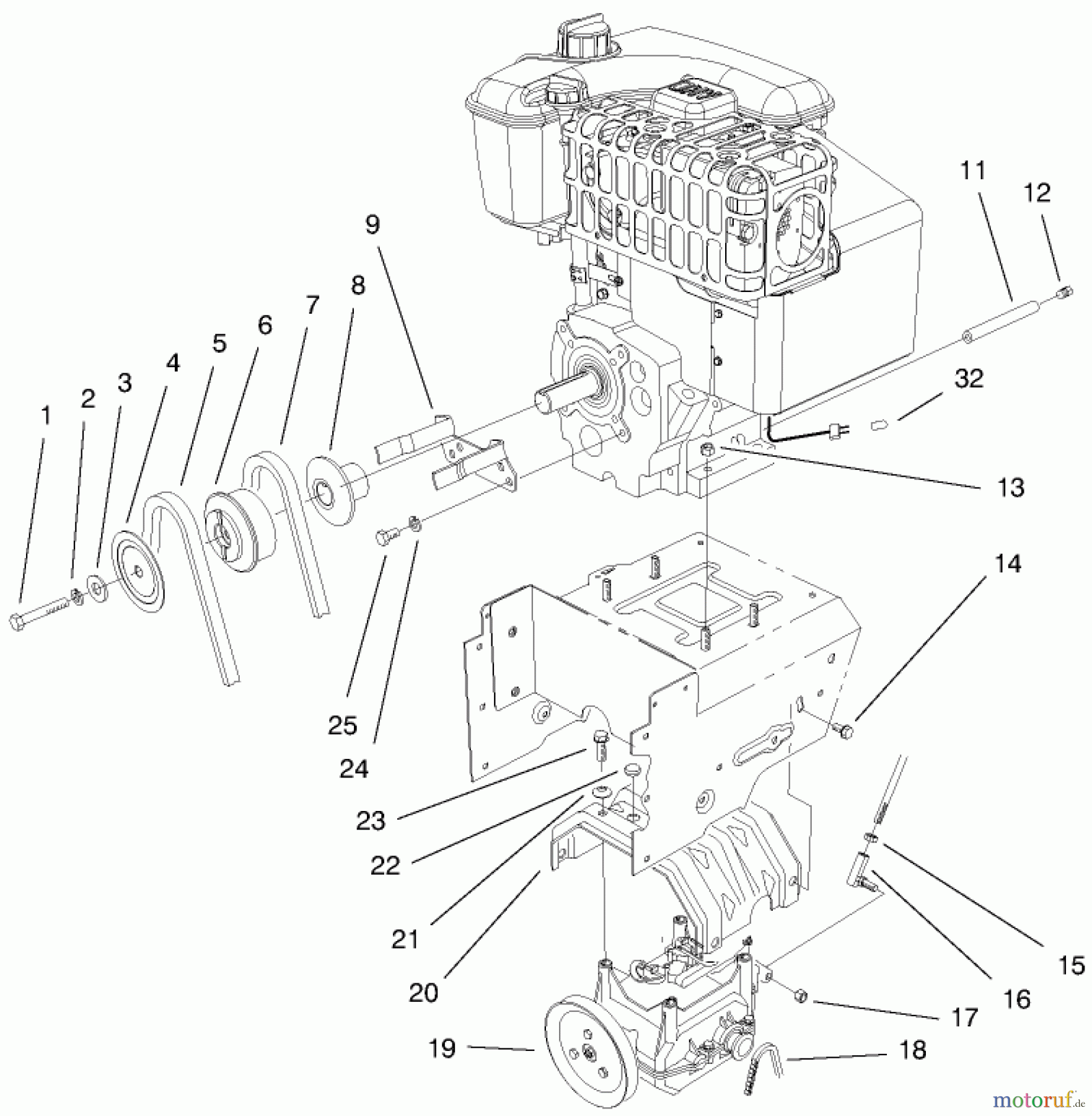  Toro Neu Snow Blowers/Snow Throwers Seite 1 38558 (1028) - Toro 1028 Power Shift Snowthrower, 1999 (99000001-99999999) ENGINE & TRANSMISSION DRIVE ASSEMBLY