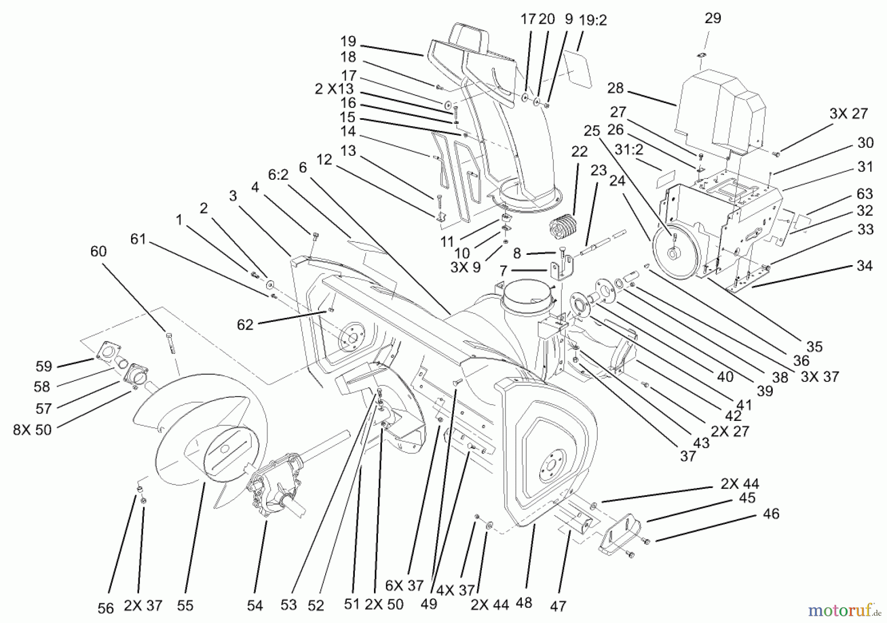  Toro Neu Snow Blowers/Snow Throwers Seite 1 38592 (1332) - Toro 1332 Power Shift Snowthrower, 2004 (240000001-240999999) HOUSING AND ENGINE FRAME ASSEMBLY