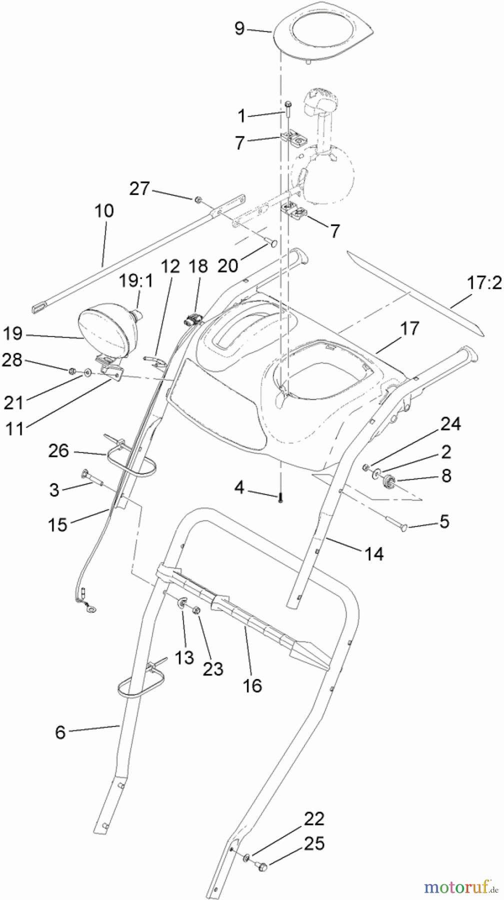  Toro Neu Snow Blowers/Snow Throwers Seite 2 38828 (1128 OXE) - Toro Power Max Heavy Duty 1128 OXE Snowthrower, 2013 (SN 313000001-313999999) LOWER HANDLE AND HEADLAMP ASSEMBLY