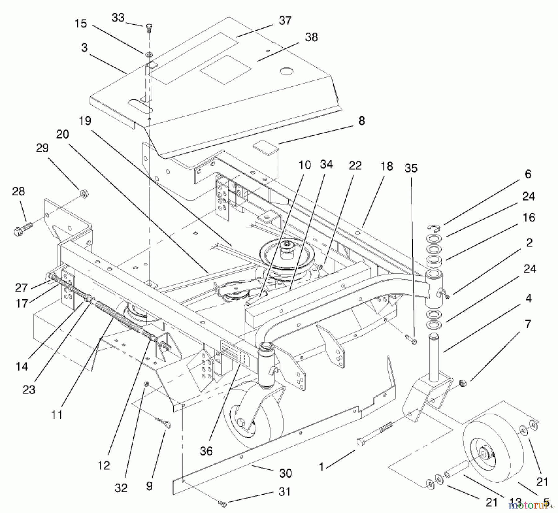  Mähdecks 30138 - Toro 92cm Side Discharge Mower (SN: 220000001 - 220999999) (2002) FRAME BELT AND WHEEL ASSEMBLY