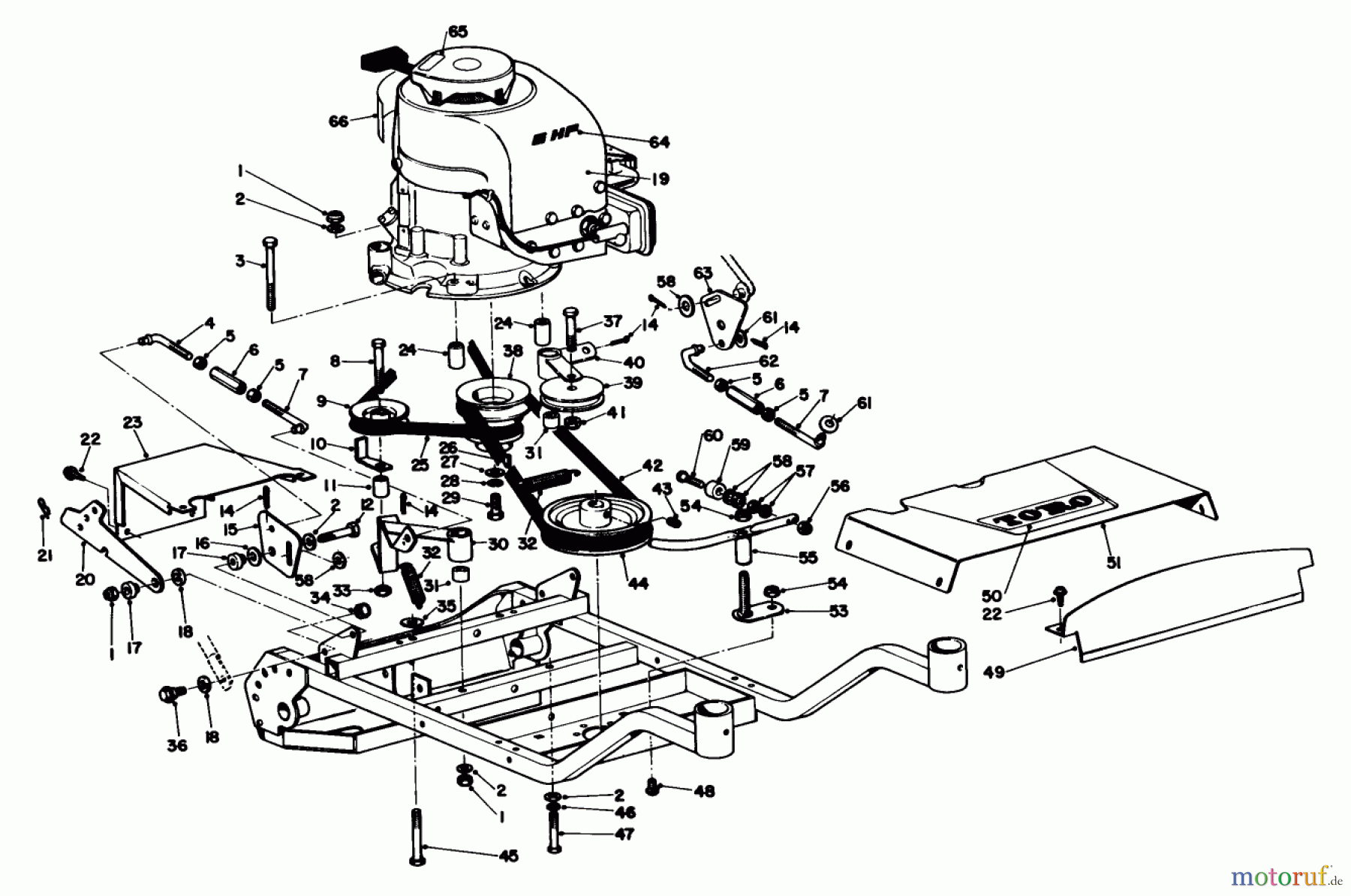  Rasenmäher 23205 - Toro Whirlwind Walk-Behind Mower (SN: 7000001 - 7999999) (1977) ENGINE AND FRAME ASSEMBLY