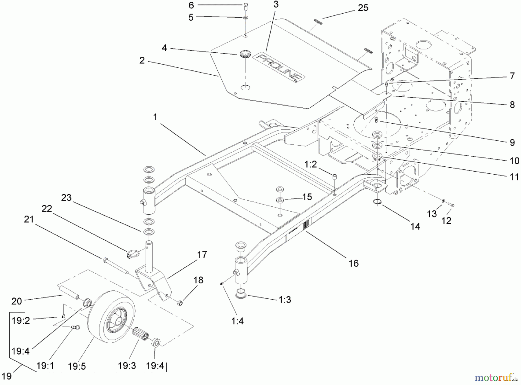  Rasenmäher für Großflächen 30314TE - Toro Mid-Size ProLine Mower, T-Bar, Gear Drive, 13 HP, 91cm Side Discharge Deck (SN: 250000001 - 250999999) (2005) CARRIER FRAME ASSEMBLY