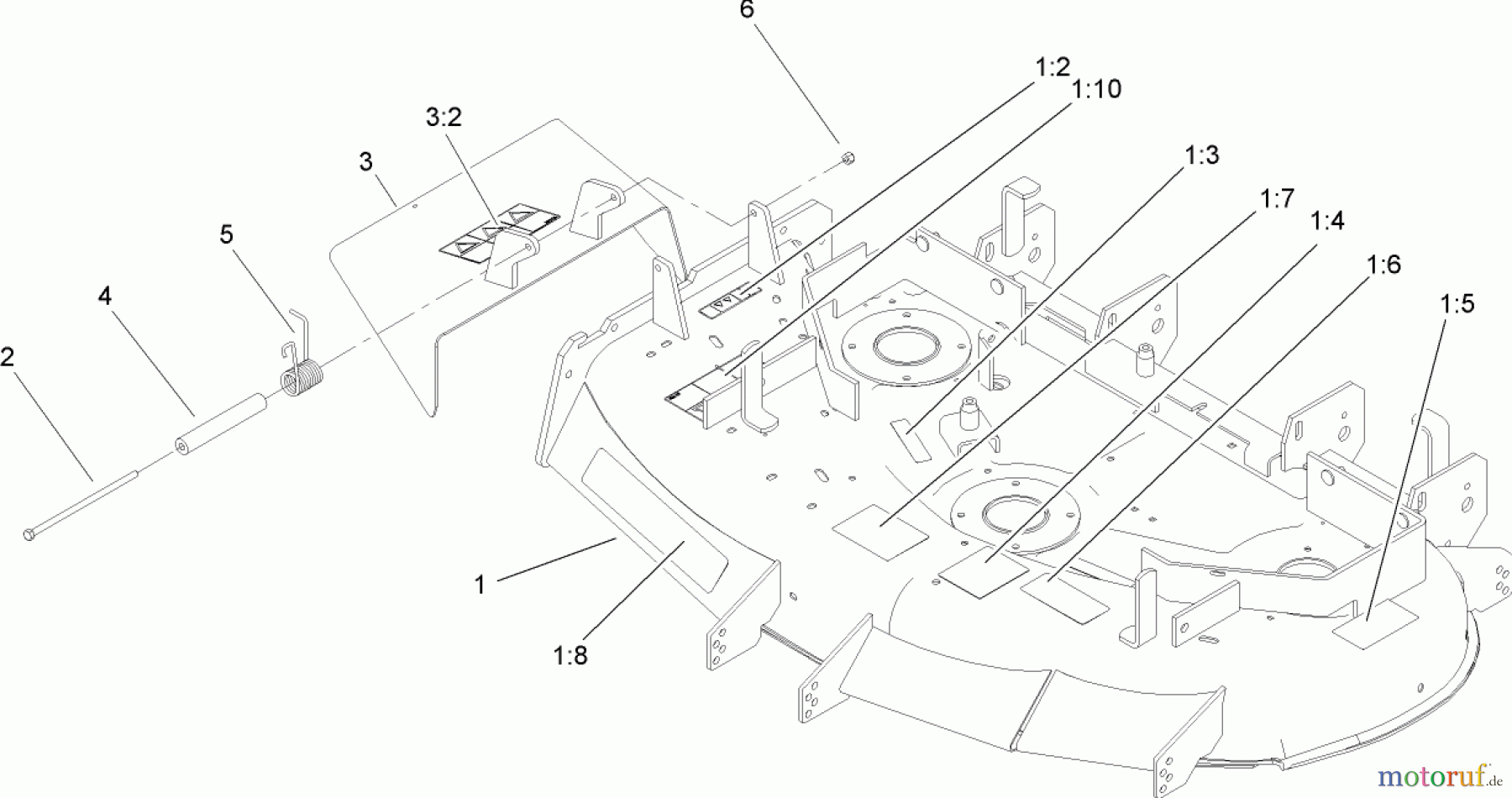  Zerto-Turn Mäher 74161TE (Z147) - Toro Z Master Mower, 112cm SFS Side Discharge Deck (SN: 240000001 - 240001000) (2004) DECK AND DEFLECTOR ASSEMBLY NO. 106-6565