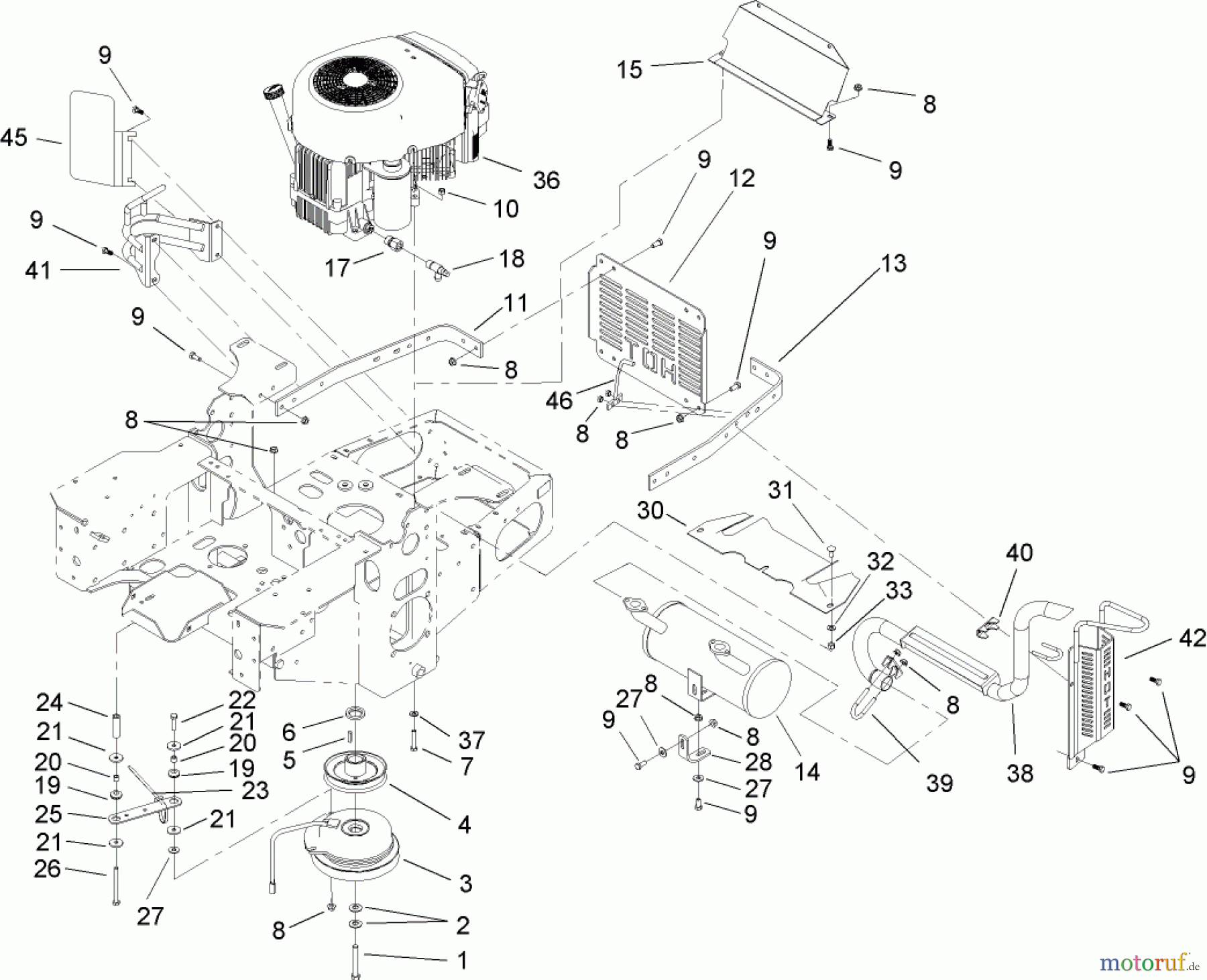  Zerto-Turn Mäher 74161TE (Z147) - Toro Z Master Mower, 112cm SFS Side Discharge Deck (SN: 240000001 - 240001000) (2004) ENGINE, CLUTCH AND MUFFLER ASSEMBLY