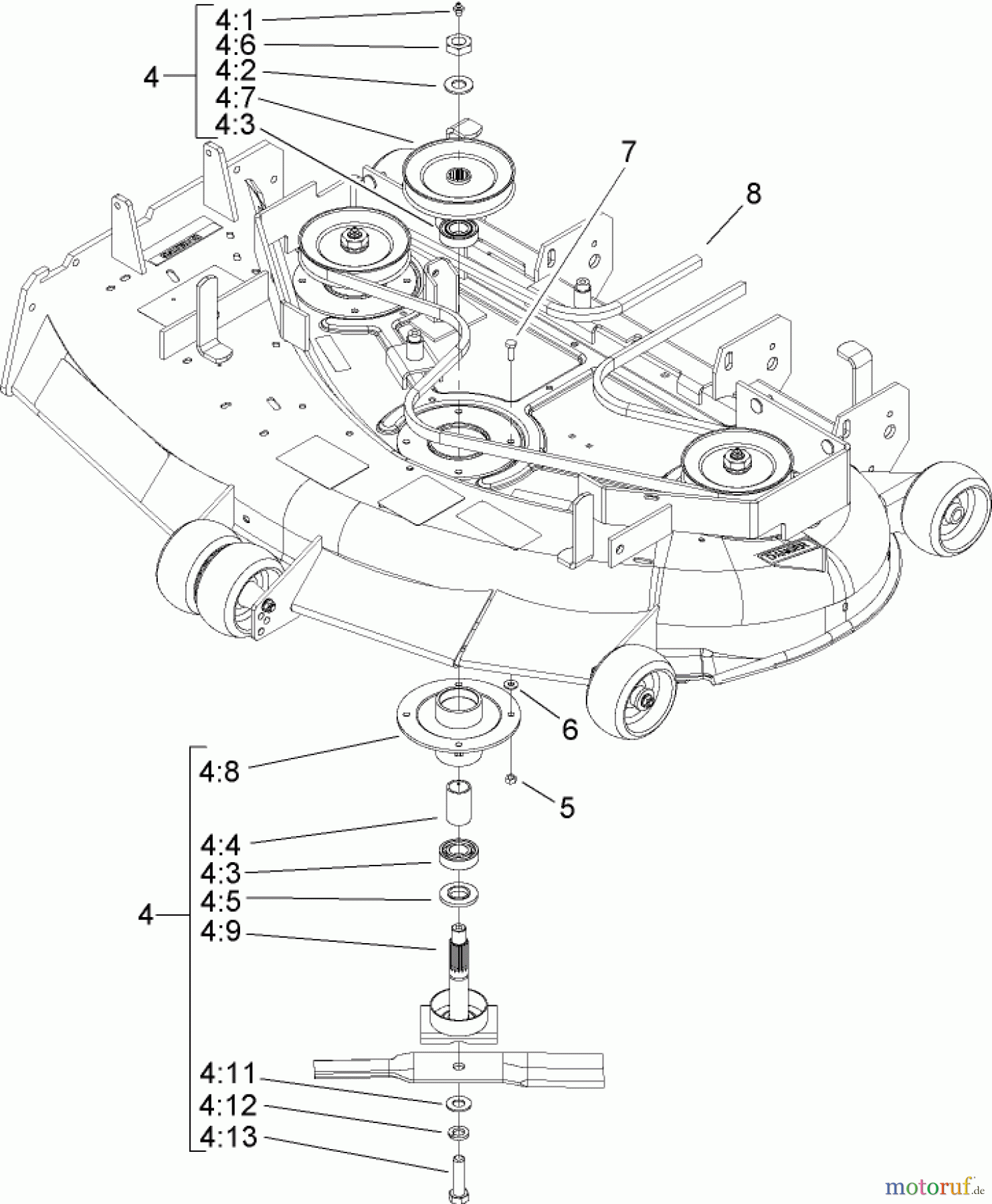  Zerto-Turn Mäher 74161TE (Z147) - Toro Z Master Mower, 112cm SFS Side Discharge Deck (SN: 240001001 - 240999999) (2004) DECK SPINDLE ASSEMBLY