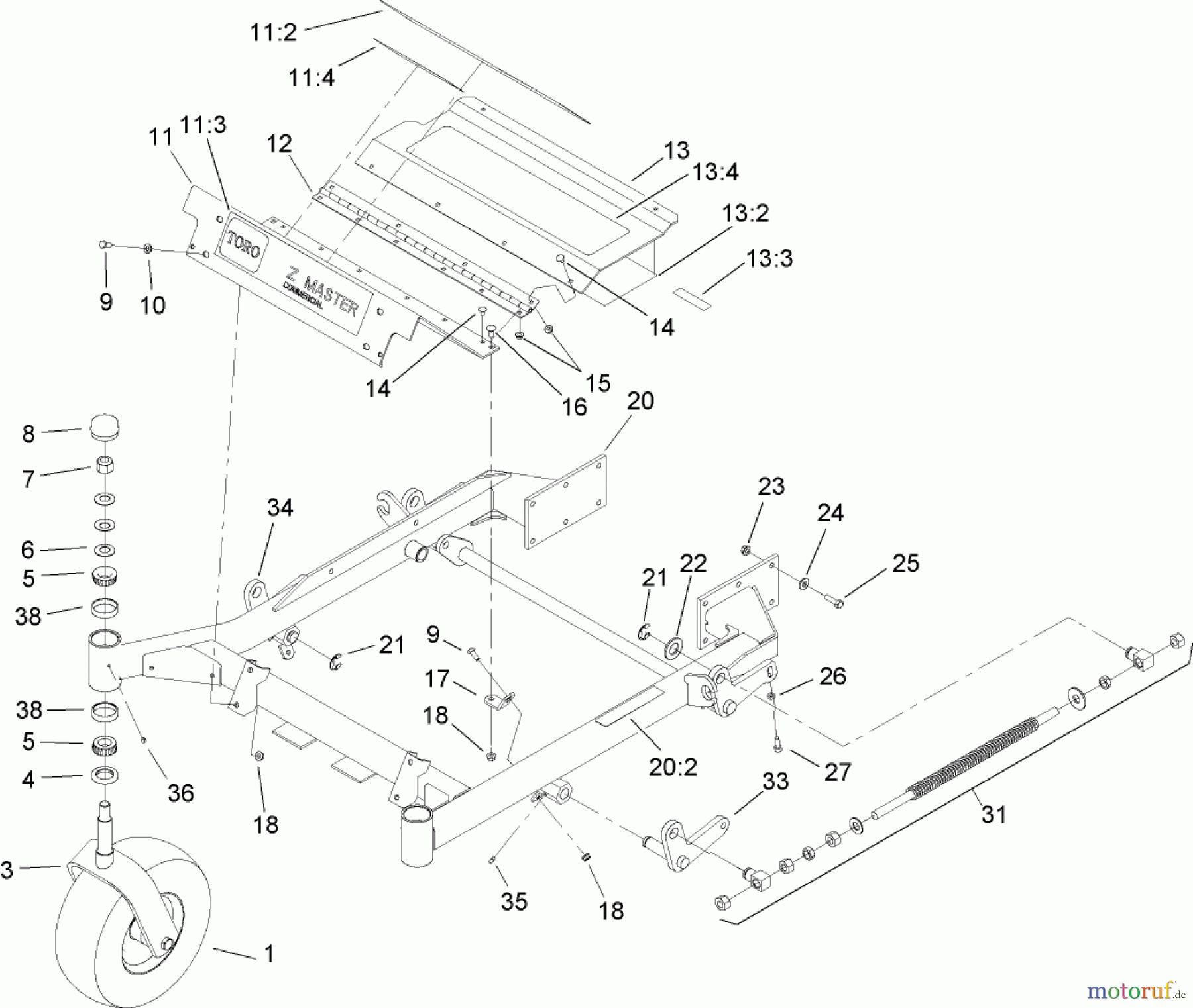  Zerto-Turn Mäher 74161TE (Z147) - Toro Z Master Mower, 112cm SFS Side Discharge Deck (SN: 240001001 - 240999999) (2004) FRONT FRAME ASSEMBLY