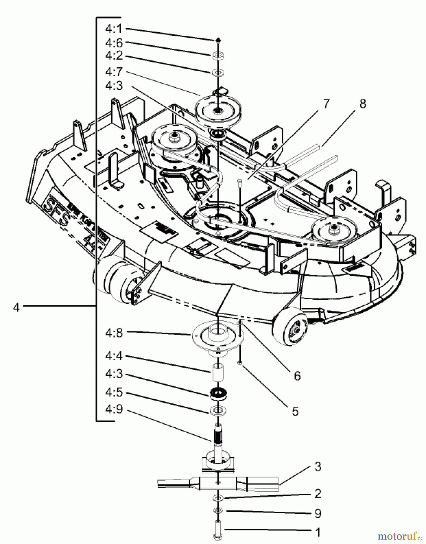  Zerto-Turn Mäher 74176TE (Z147) - Toro Z Master Mower, 112cm SFS Side Discharge Deck (SN: 230000001 - 230006000) (2003) DECK SPINDLE ASSEMBLY