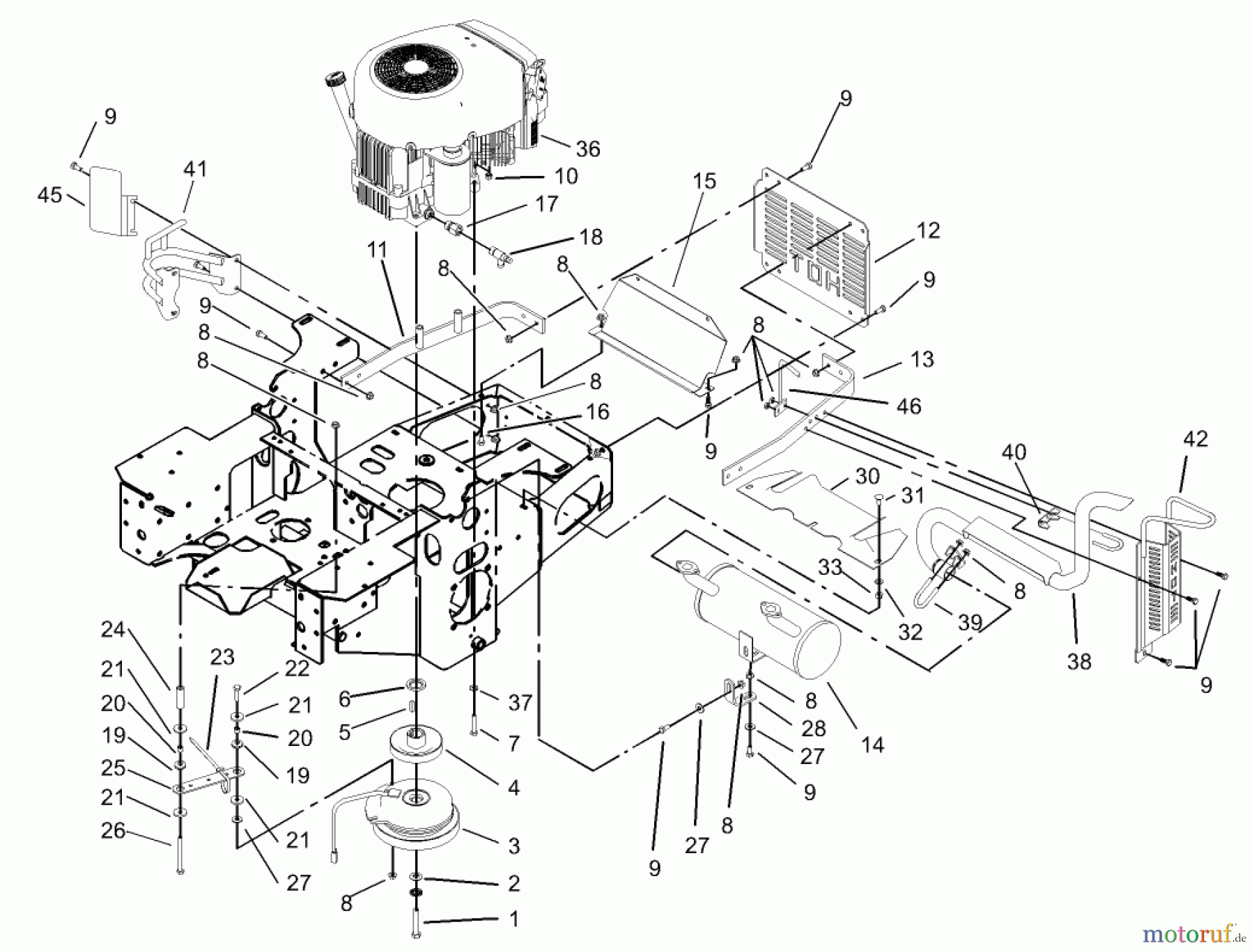  Zerto-Turn Mäher 74176TE (Z147) - Toro Z Master Mower, 112cm SFS Side Discharge Deck (SN: 230000001 - 230006000) (2003) ENGINE AND CLUTCH ASSEMBLY