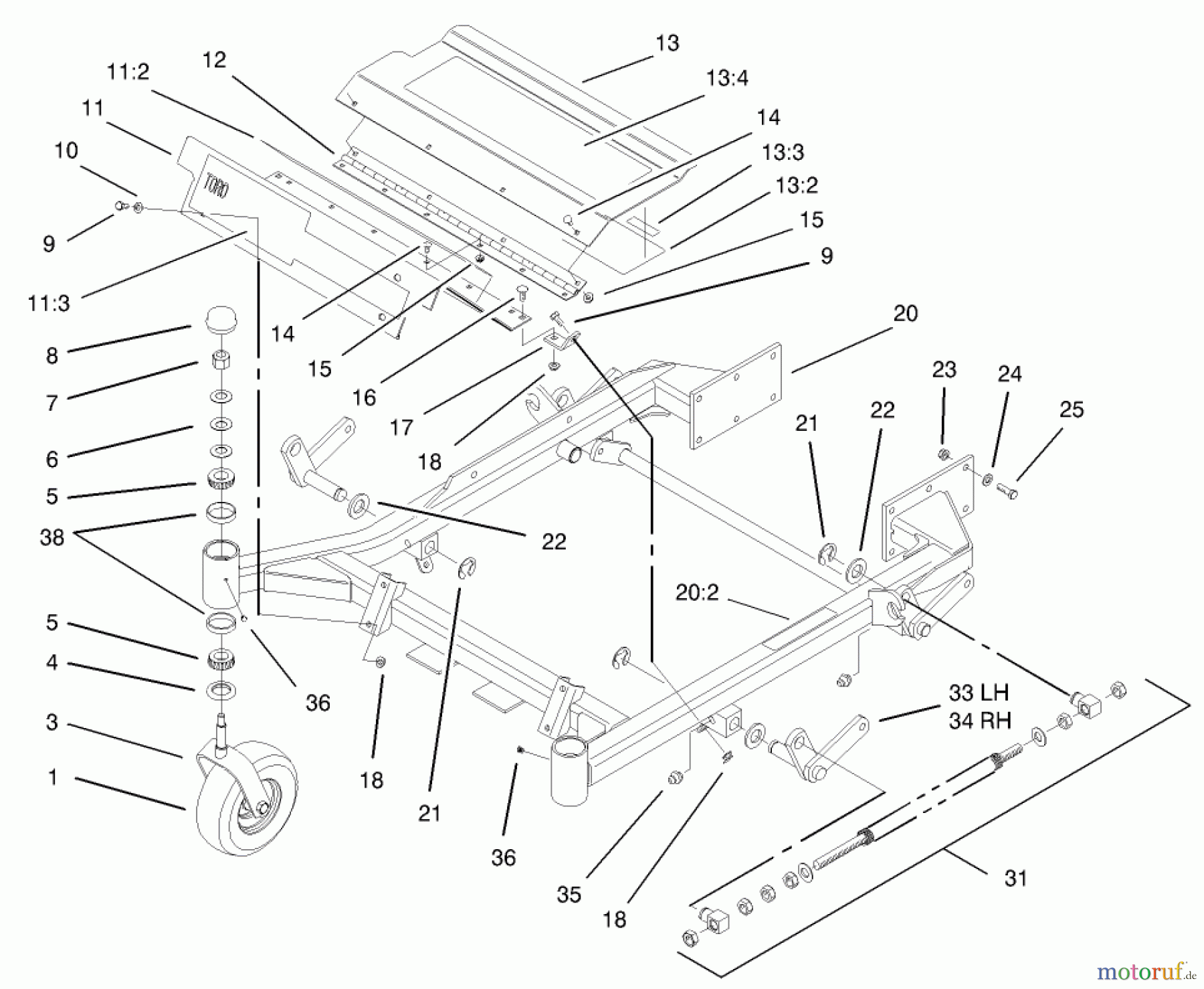  Zerto-Turn Mäher 74176TE (Z147) - Toro Z Master Mower, 112cm SFS Side Discharge Deck (SN: 230000001 - 230006000) (2003) FRONT FRAME ASSEMBLY