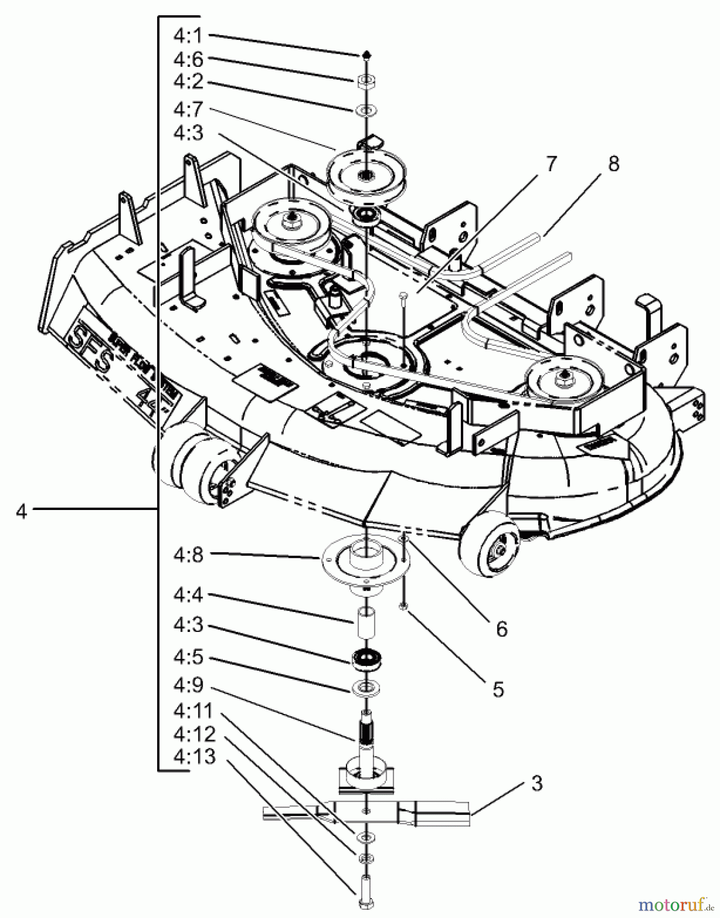  Zerto-Turn Mäher 74176TE (Z147) - Toro Z Master Mower, 112cm SFS Side Discharge Deck (SN: 230007001 - 230999999) (2003) DECK SPINDLE ASSEMBLY