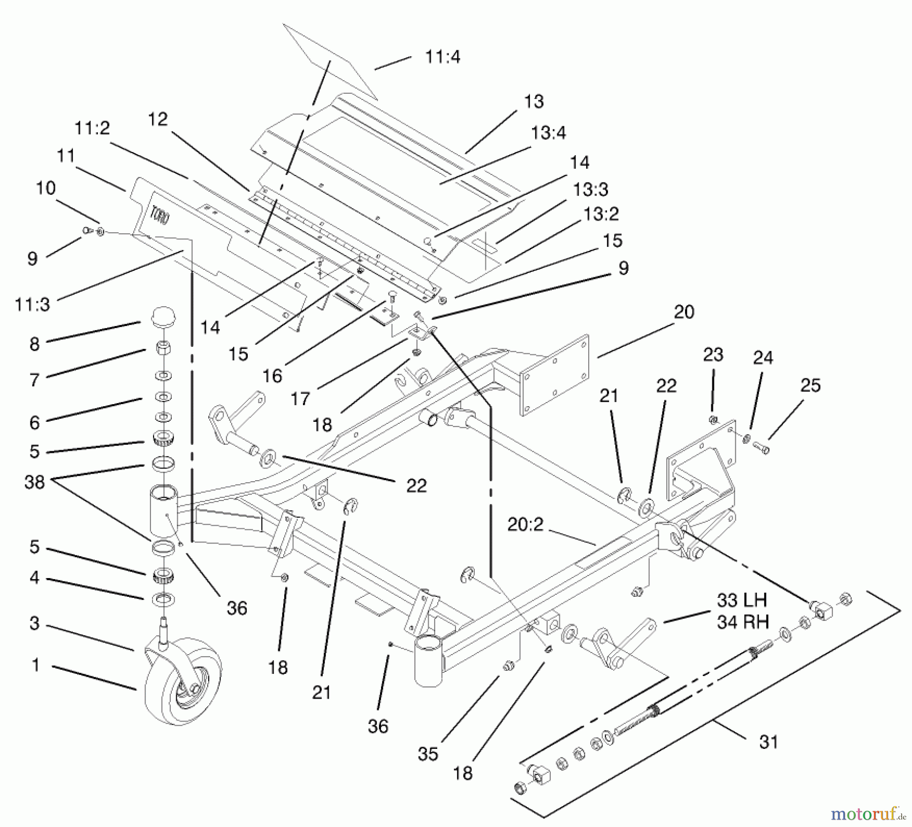  Zerto-Turn Mäher 74176TE (Z147) - Toro Z Master Mower, 112cm SFS Side Discharge Deck (SN: 230007001 - 230999999) (2003) FRONT FRAME ASSEMBLY