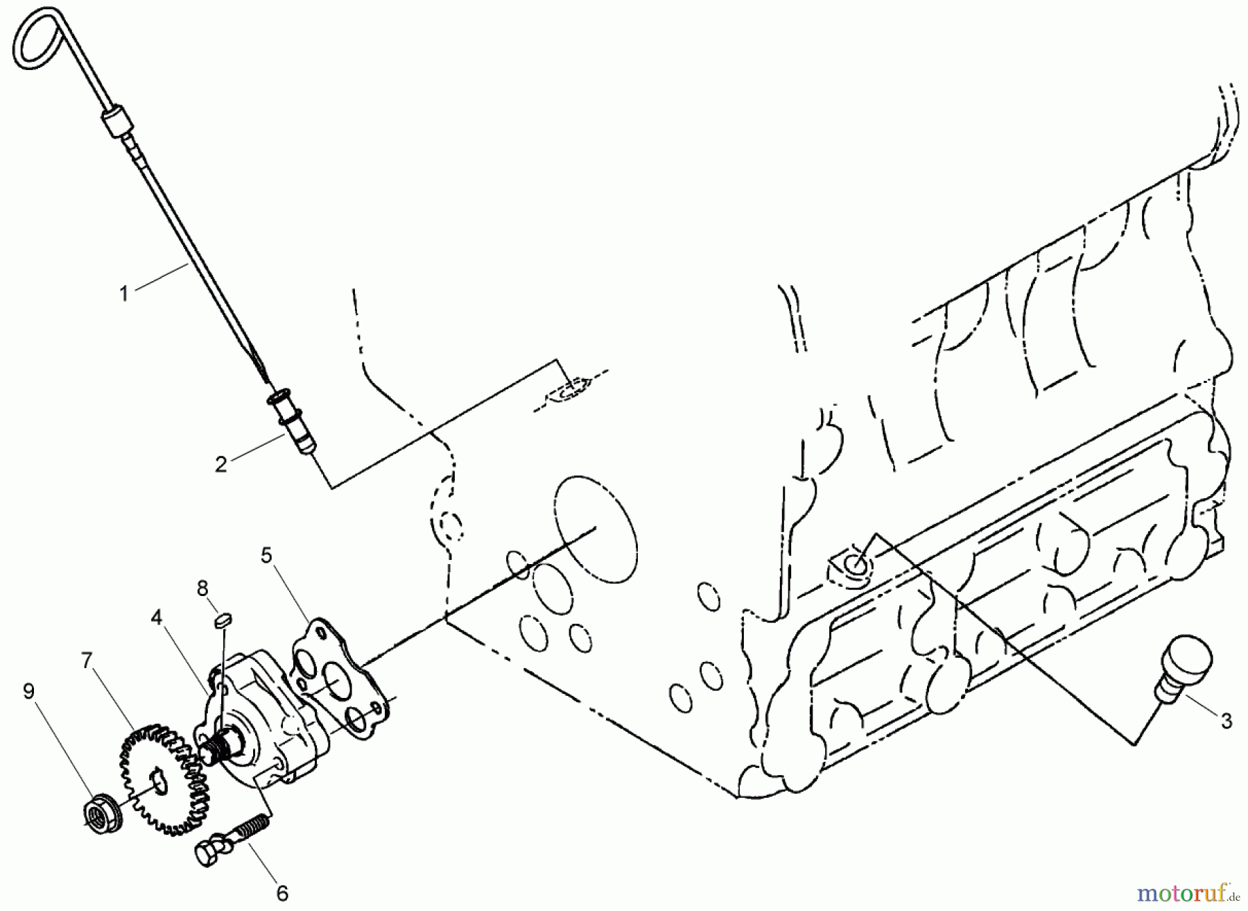  Zerto-Turn Mäher 74264TE (Z580-D) - Toro Z Master Mower, 132cm TURBO FORCE Side Discharge Deck (SN: 280000001 - 280999999) (2008) DIPSTICK, GUIDE AND OIL PUMP ASSEMBLY