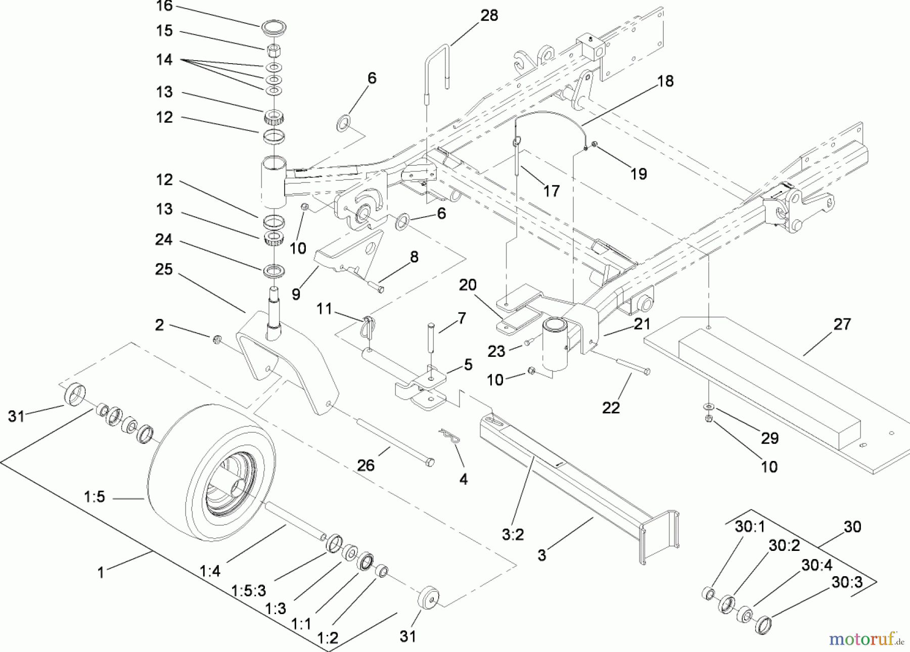  Zerto-Turn Mäher 74264TE (Z580-D) - Toro Z Master Mower, 132cm TURBO FORCE Side Discharge Deck (SN: 280000001 - 280999999) (2008) FORK, CASTER WHEEL AND Z STAND ASSEMBLY