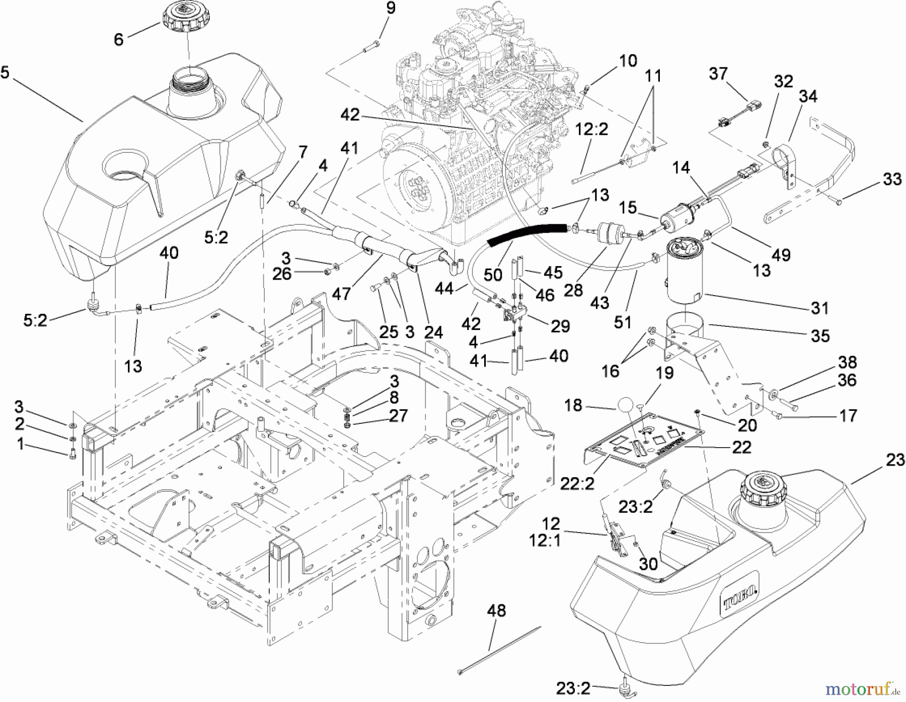  Zerto-Turn Mäher 74264TE (Z580-D) - Toro Z Master Mower, 132cm TURBO FORCE Side Discharge Deck (SN: 280000001 - 280999999) (2008) FUEL SYSTEM AND THROTTLE CONTROL ASSEMBLY