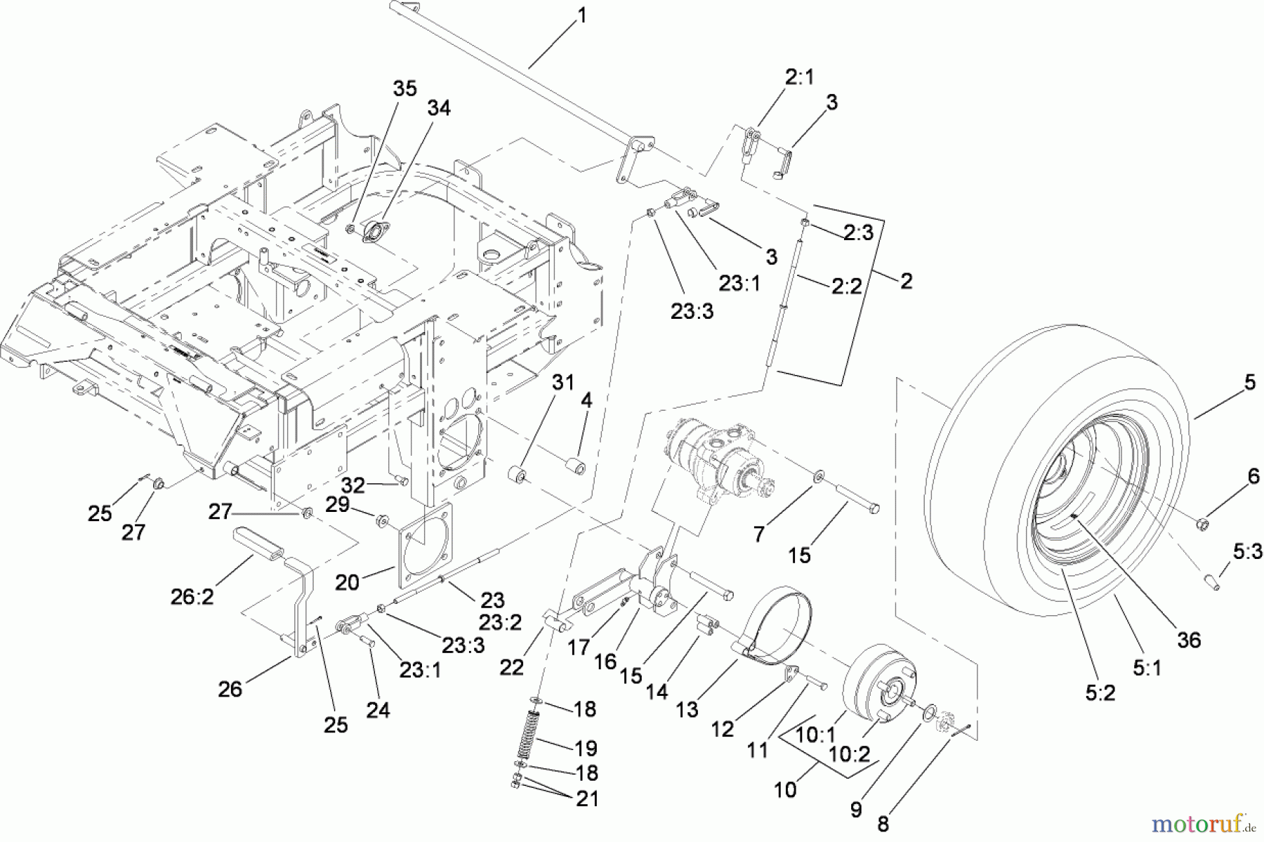  Zerto-Turn Mäher 74264TE (Z580-D) - Toro Z Master Mower, 132cm TURBO FORCE Side Discharge Deck (SN: 280000001 - 280999999) (2008) MAIN FRAME AND REAR WHEEL ASSEMBLY