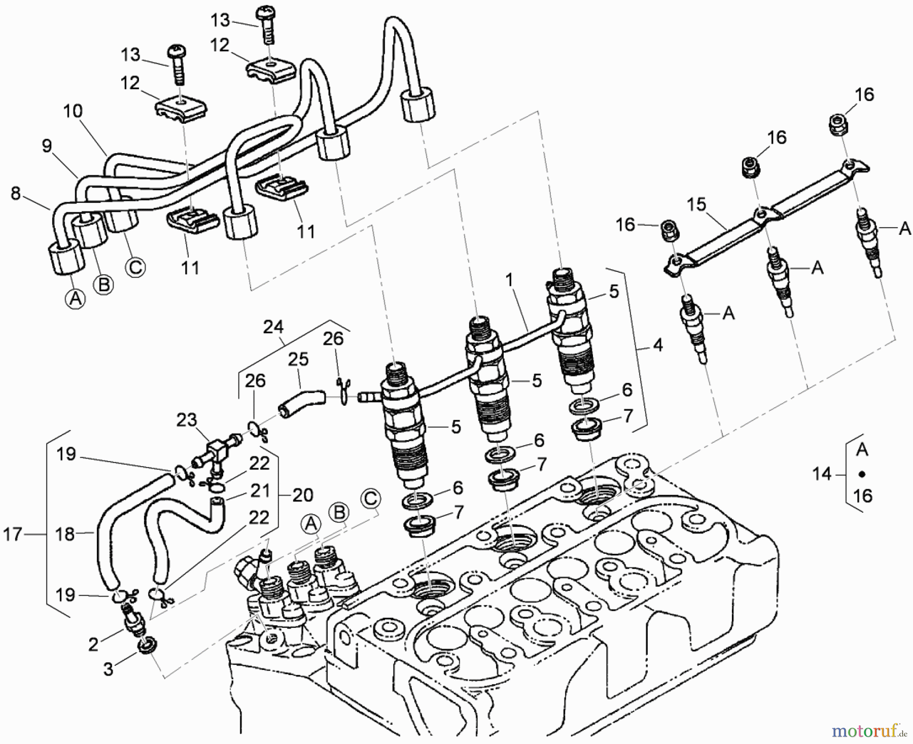  Zerto-Turn Mäher 74265TE (Z580-D) - Toro Z Master Mower, 152cm TURBO FORCE Side Discharge Deck (SN: 290000001 - 290999999) (2009) NOZZLE HOLDER AND GLOW PLUG ASSEMBLY