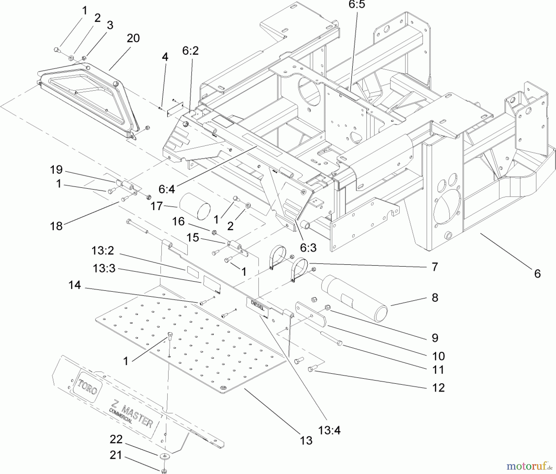  Zerto-Turn Mäher 74268TE (Z597-D) - Toro Z Master Mower, 152cm TURBO FORCE Side Discharge Deck (SN: 260000001 - 260999999) (2006) MAIN FRAME, CONSOLE AND FLOOR PAN ASSEMBLY