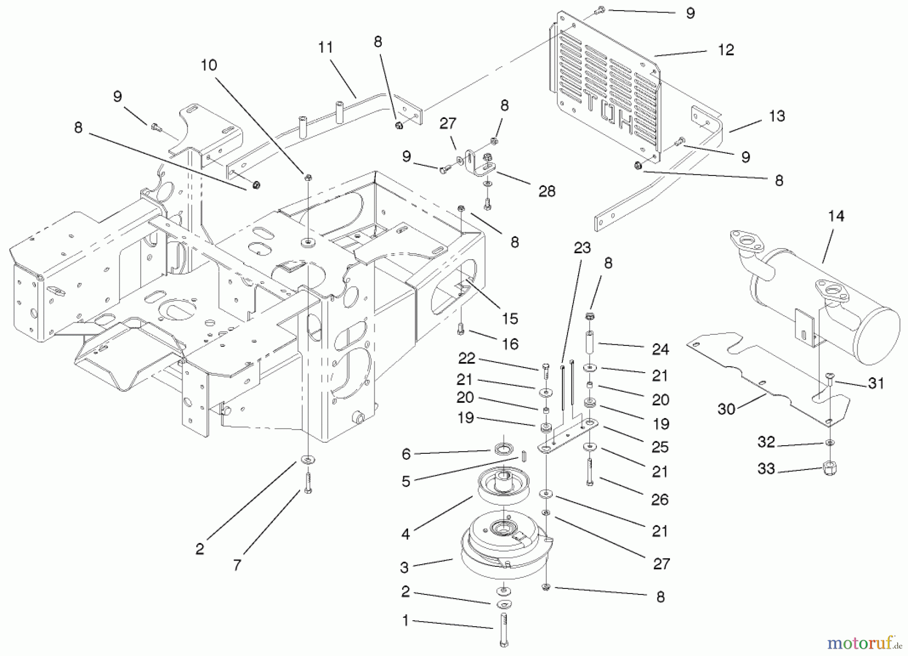  Zerto-Turn Mäher 74270 (Z147) - Toro Z Master Mower, 112cm SFS Side Discharge Deck (SN: 210000001 - 210999999) (2001) ENGINE AND CLUTCH ASSEMBLY