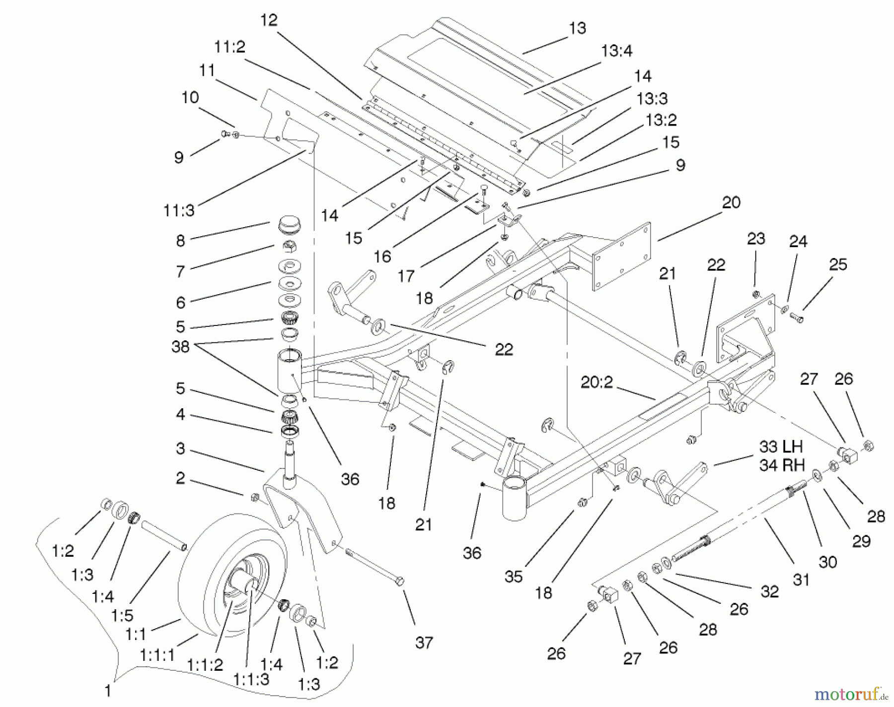  Zerto-Turn Mäher 74270 (Z147) - Toro Z Master Mower, 112cm SFS Side Discharge Deck (SN: 210000001 - 210999999) (2001) FRONT FRAME ASSEMBLY