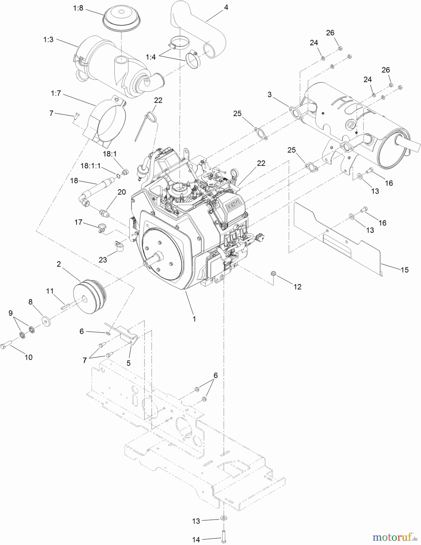  Zerto-Turn Mäher 74310 - Toro Z Master 8000 Series Riding Mower, with 42in Direct-Collect Cutting Unit (SN: 314000001 - 314999999) (2014) ENGINE, MUFFLER AND AIR CLEANER ASSEMBLY