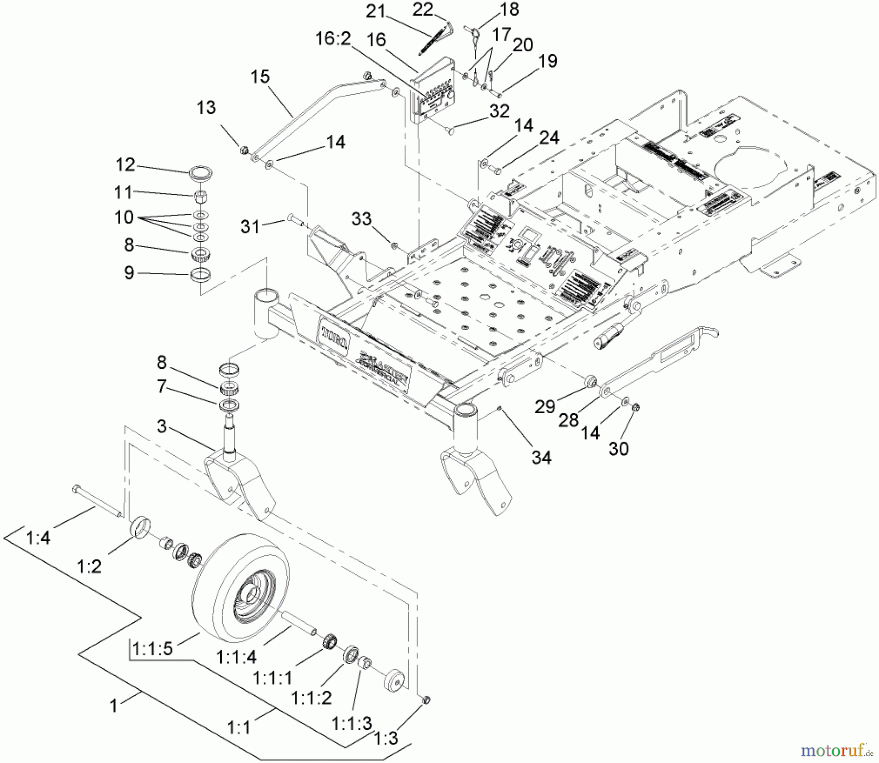  Zerto-Turn Mäher 74408TE (Z334) - Toro Z Master Mower, 86cm 7-Gauge Side Discharge Deck (SN: 270000001 - 270000700) (2007) CASTER AND HEIGHT-OF-CUT ASSEMBLY