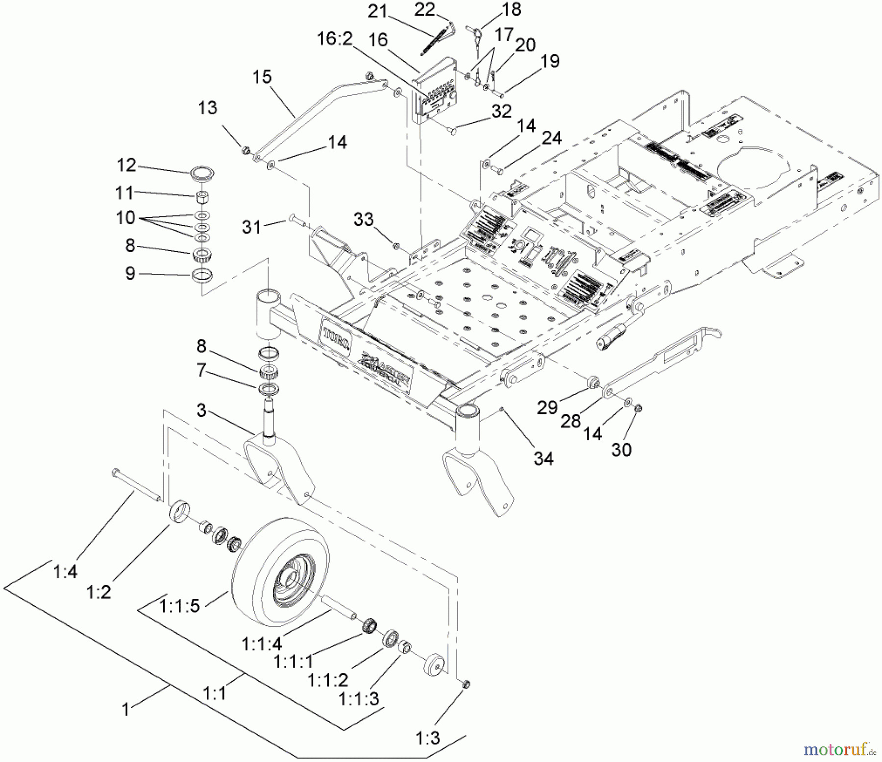  Zerto-Turn Mäher 74409TE (Z340) - Toro Z Master Mower, 102cm 7-Gauge Side Discharge Deck (SN: 270000701 - 270999999) (2007) CASTER AND HEIGHT-OF-CUT ASSEMBLY