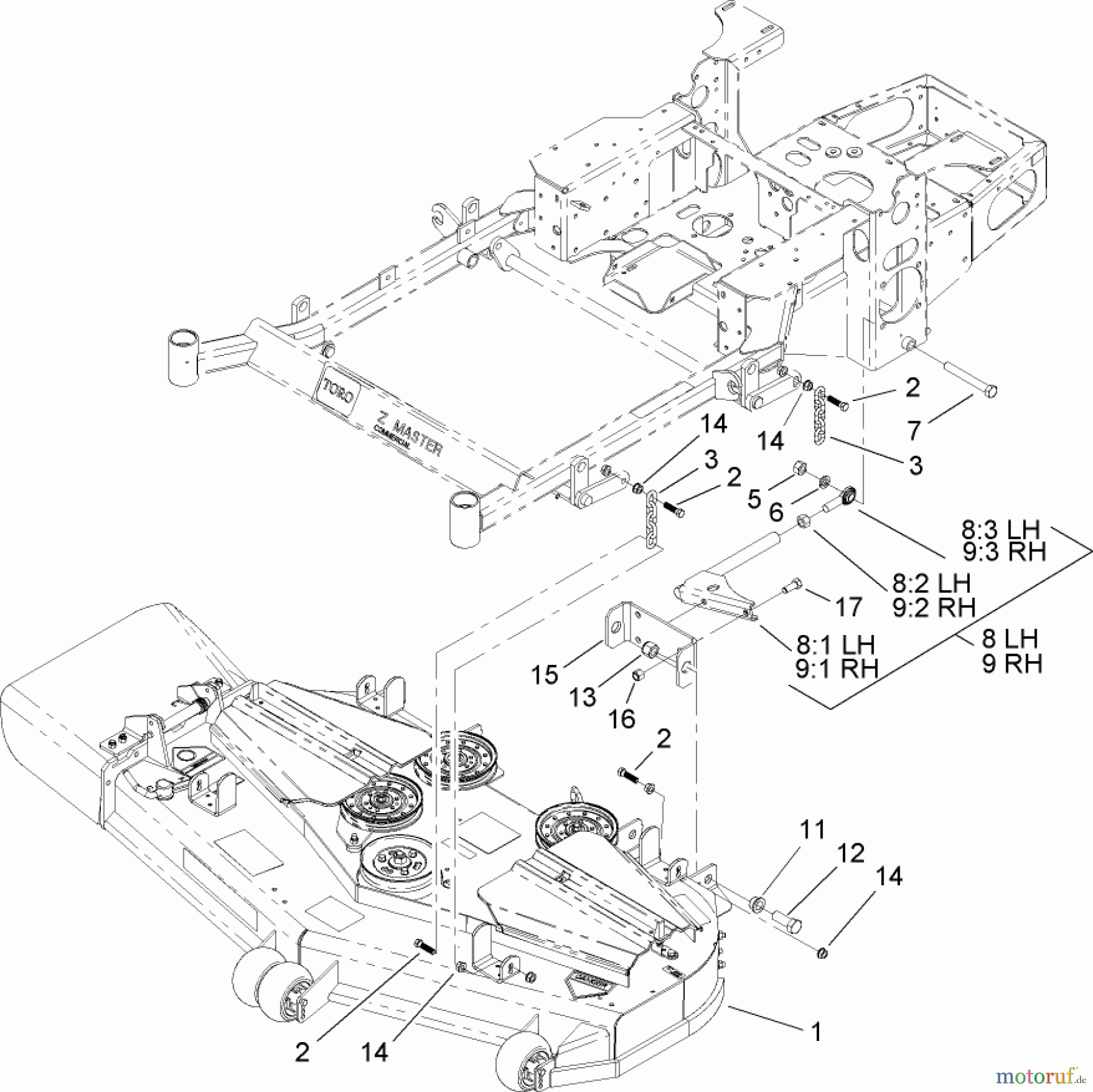  Zerto-Turn Mäher 74416TE (Z453) - Toro Z Master Mower, 132cm TURBO FORCE Side Discharge Deck (SN: 250000001 - 250005000) (2005) DECK CONNECTION ASSEMBLY