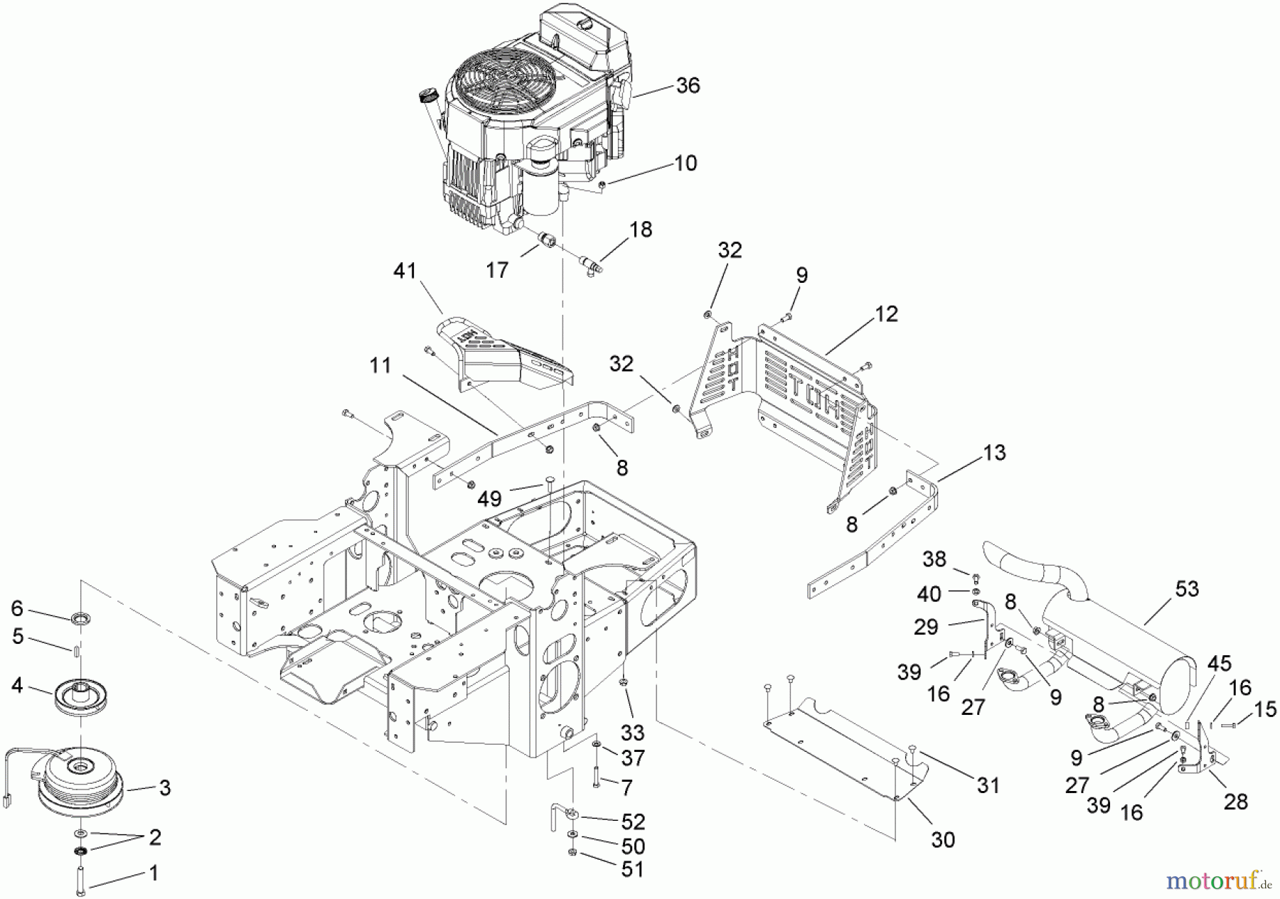  Zerto-Turn Mäher 74416TE (Z453) - Toro Z Master Mower, 132cm TURBO FORCE Side Discharge Deck (SN: 250000001 - 250005000) (2005) ENGINE, CLUTCH AND MUFFLER ASSEMBLY