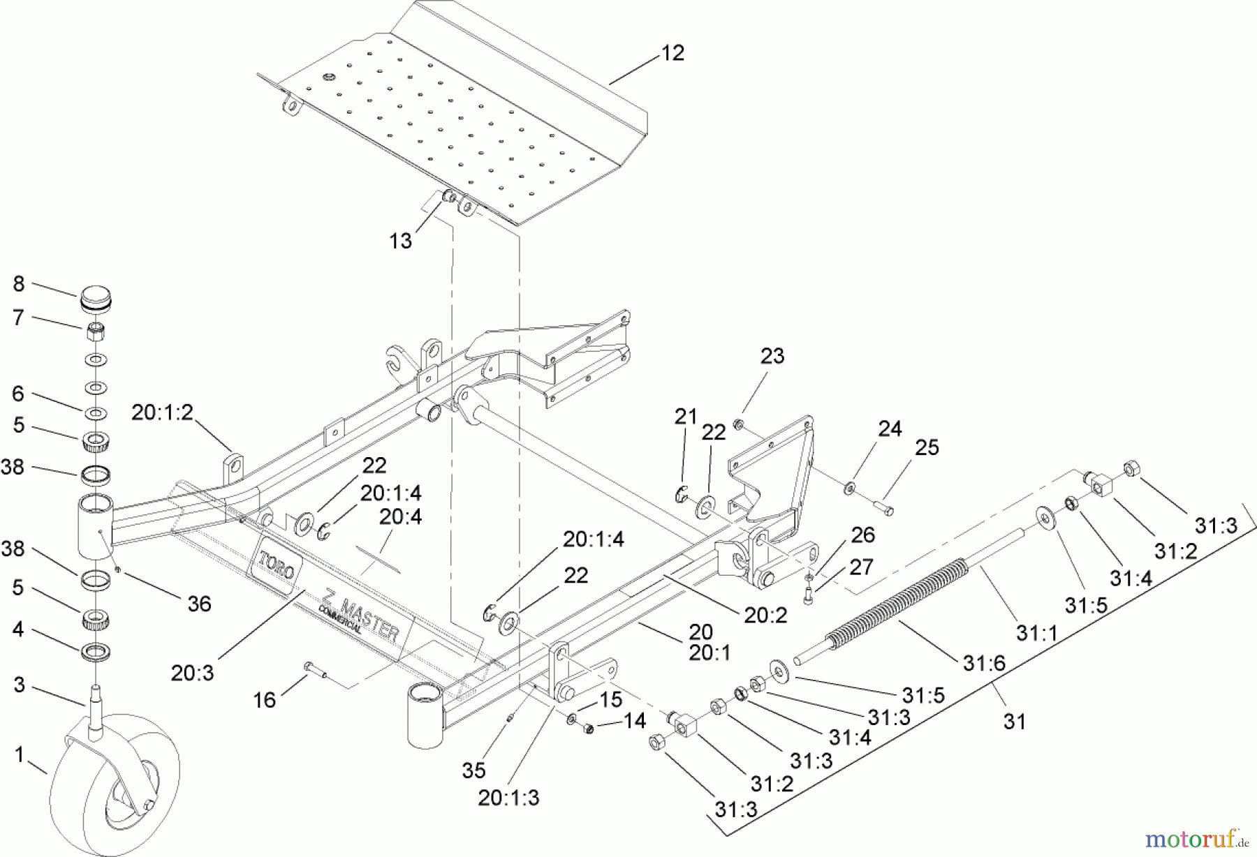  Zerto-Turn Mäher 74416TE (Z453) - Toro Z Master Mower, 132cm TURBO FORCE Side Discharge Deck (SN: 250000001 - 250005000) (2005) FRONT FRAME ASSEMBLY